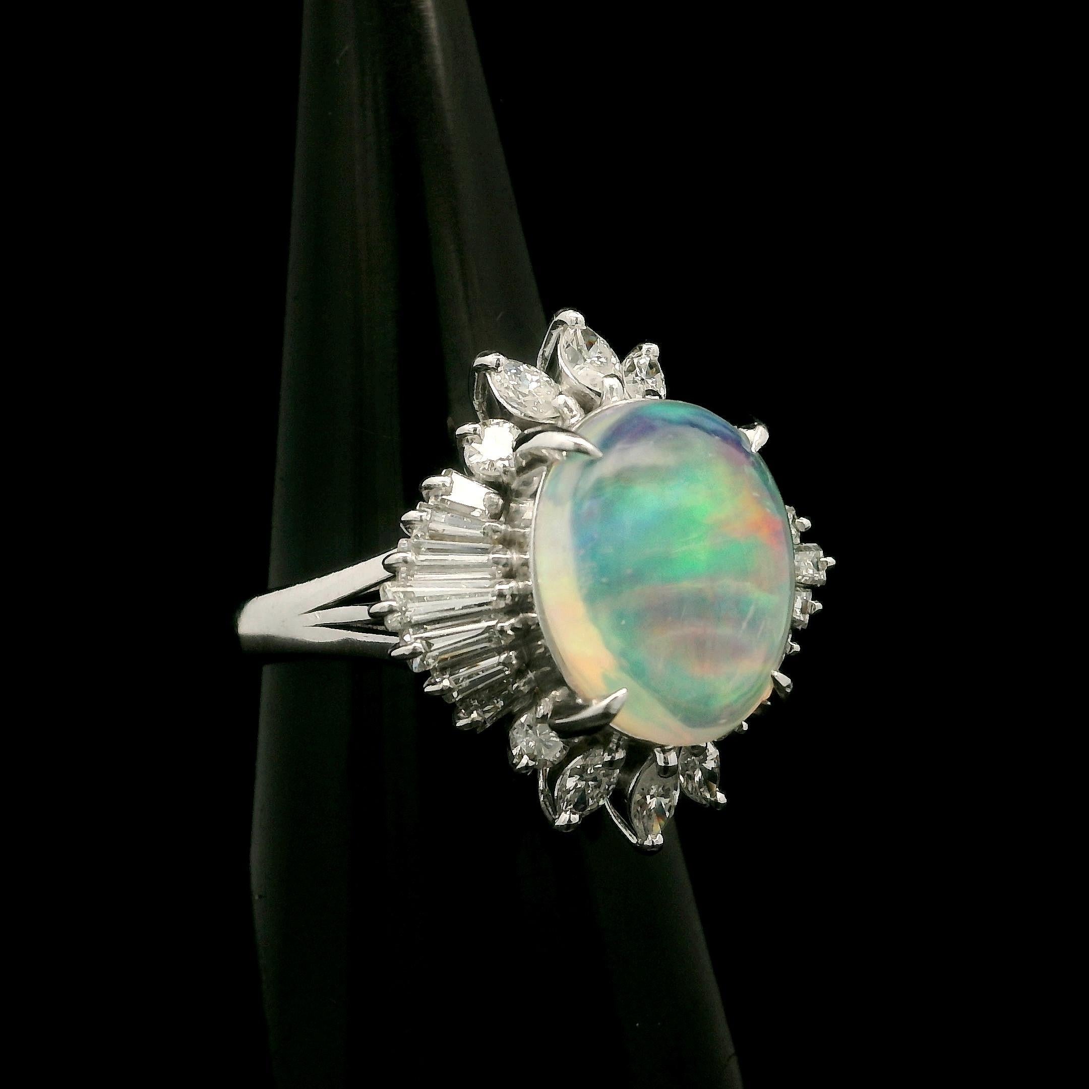 Platinum 3.43ctw Oval Fiery Jelly Opal w/ Diamond Statement Ballerina Ring For Sale 6