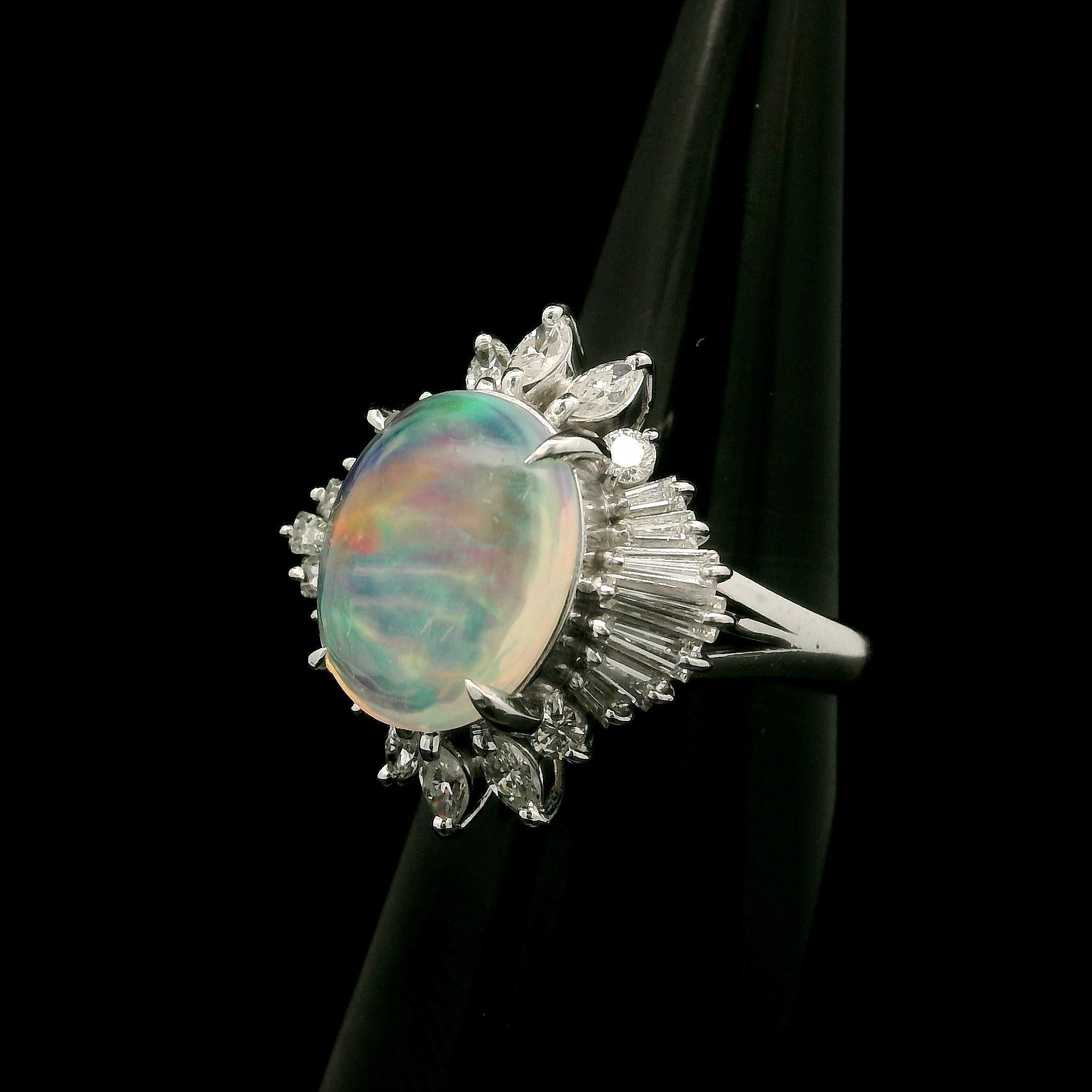 Platinum 3.43ctw Oval Fiery Jelly Opal w/ Diamond Statement Ballerina Ring For Sale 7