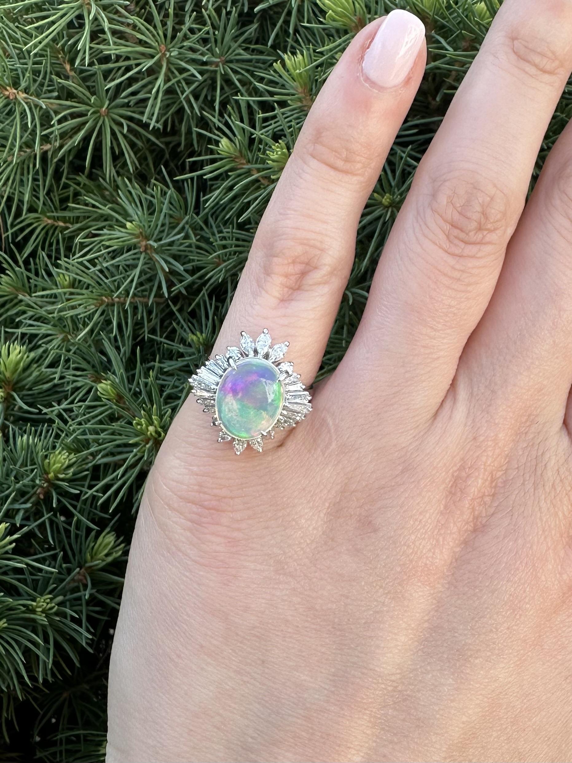Platinum 3.43ctw Oval Fiery Jelly Opal w/ Diamond Statement Ballerina Ring For Sale 8
