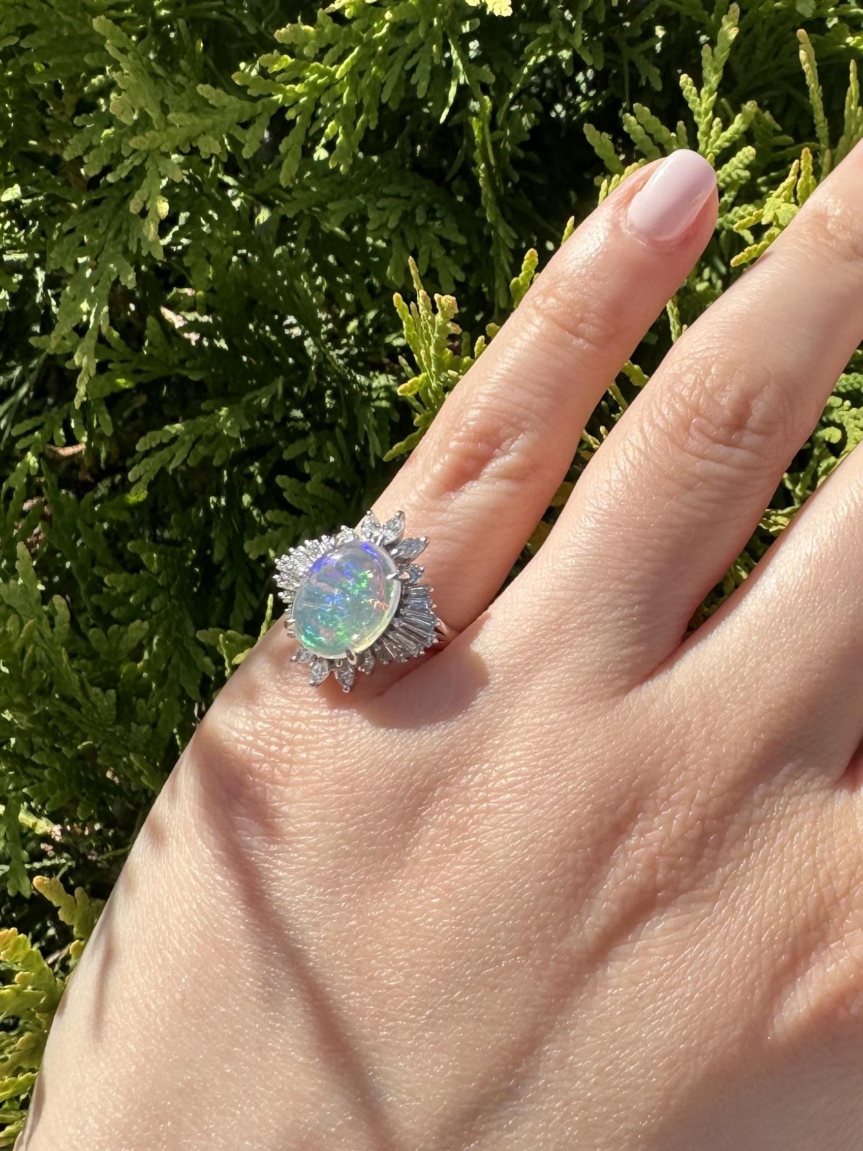 Platinum 3.43ctw Oval Fiery Jelly Opal w/ Diamond Statement Ballerina Ring For Sale 9