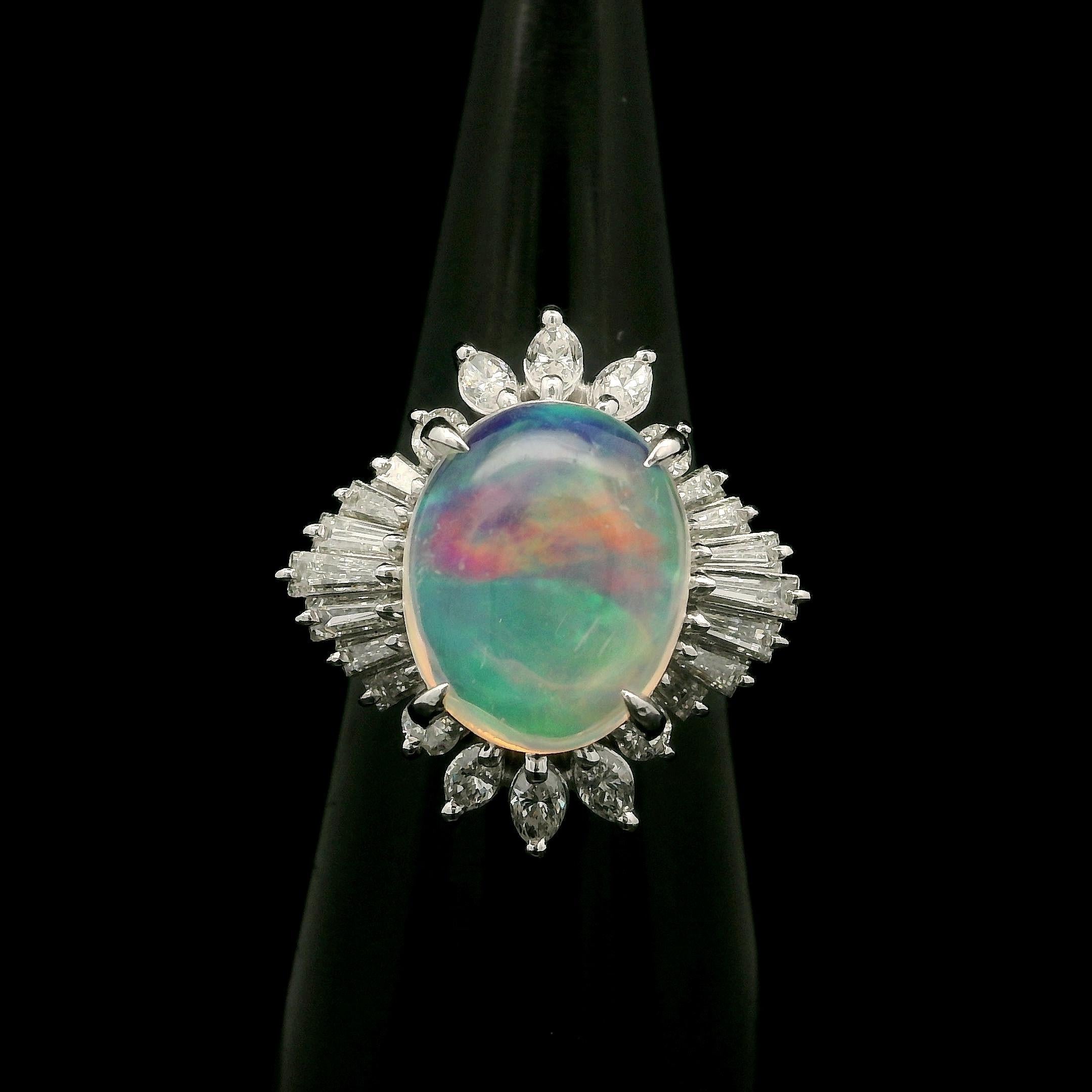Platinum 3.43ctw Oval Fiery Jelly Opal w/ Diamond Statement Ballerina Ring For Sale 10