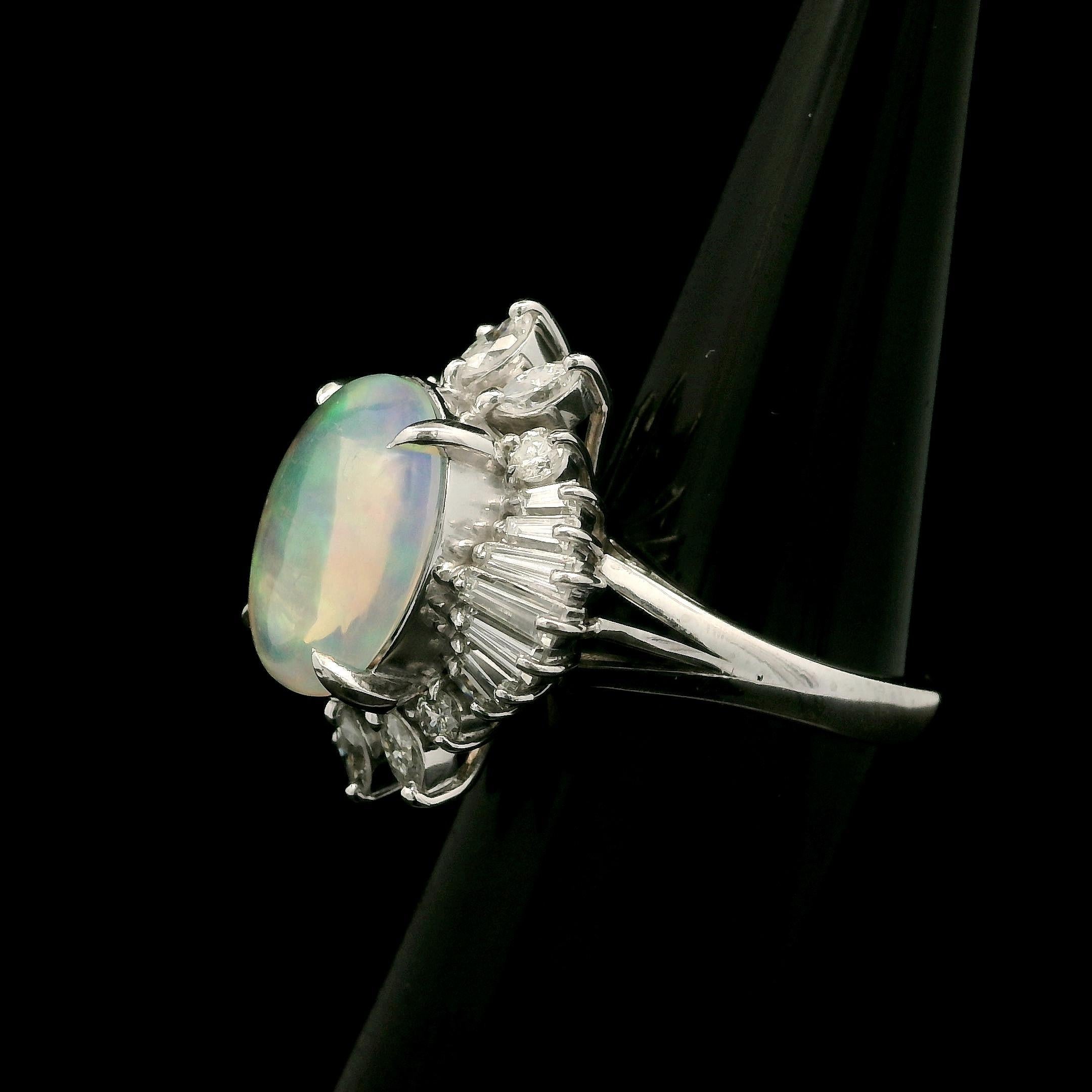 Cabochon Platinum 3.43ctw Oval Fiery Jelly Opal w/ Diamond Statement Ballerina Ring For Sale