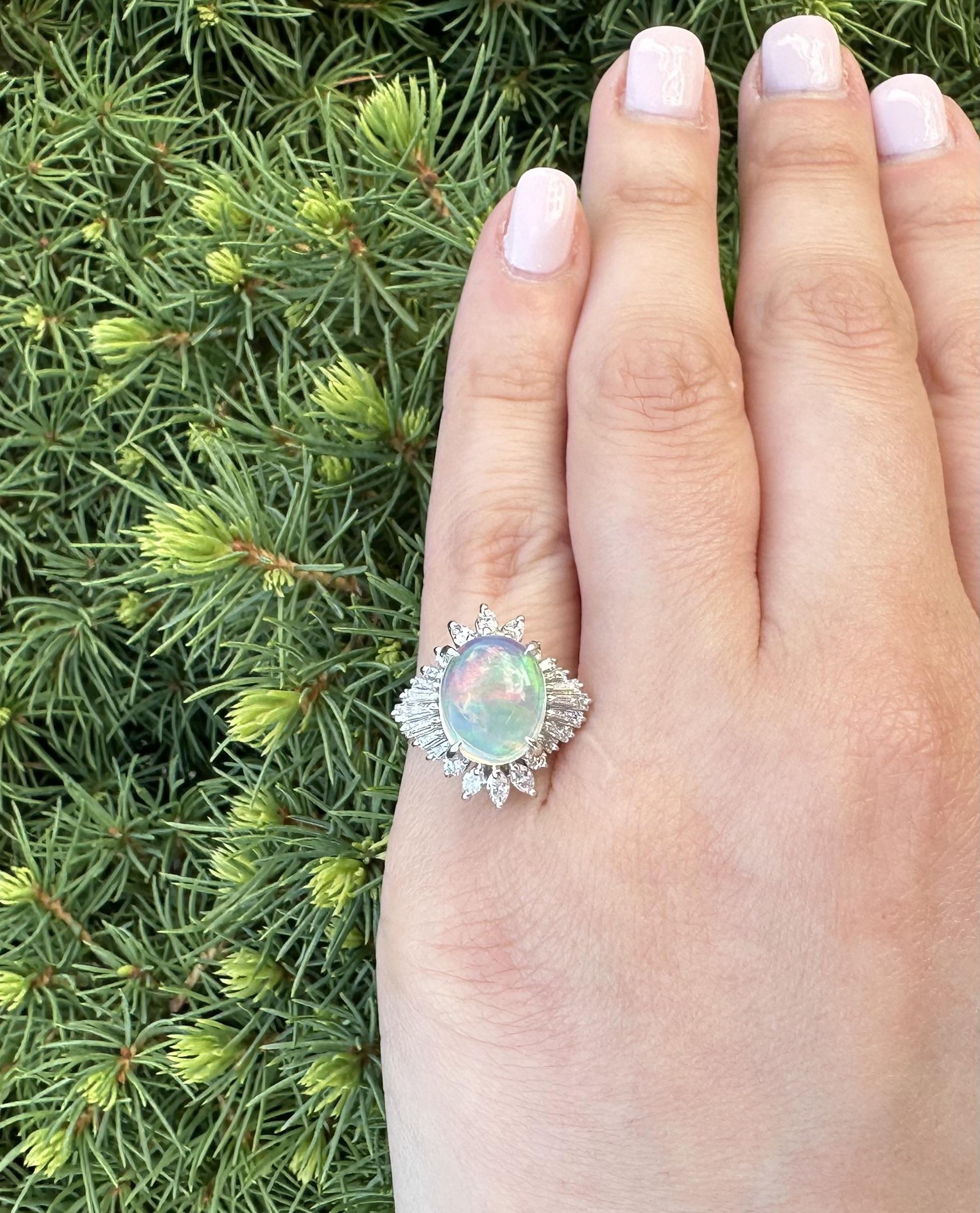 Platinum 3.43ctw Oval Fiery Jelly Opal w/ Diamond Statement Ballerina Ring In Excellent Condition For Sale In Montclair, NJ