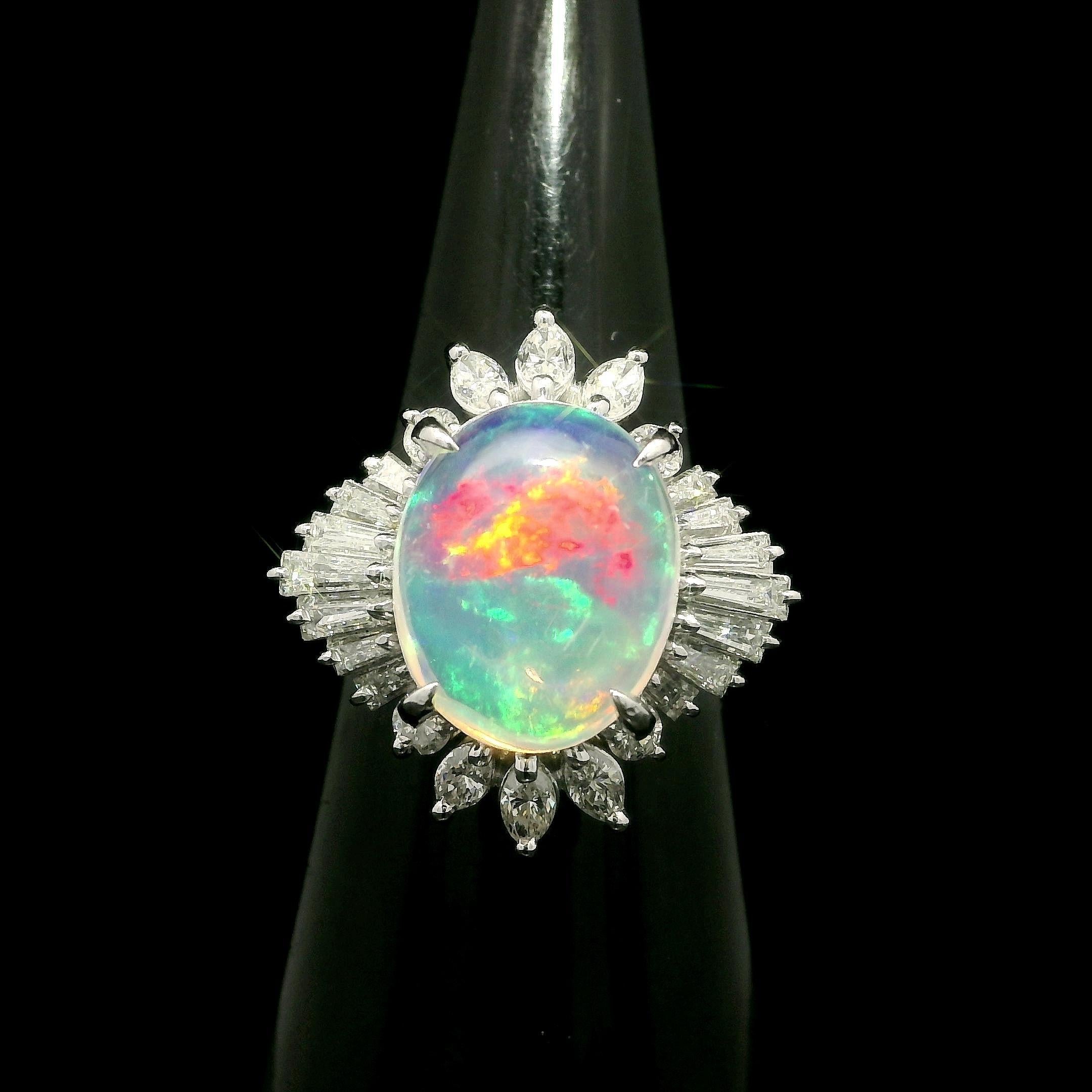 Platinum 3.43ctw Oval Fiery Jelly Opal w/ Diamond Statement Ballerina Ring For Sale 4