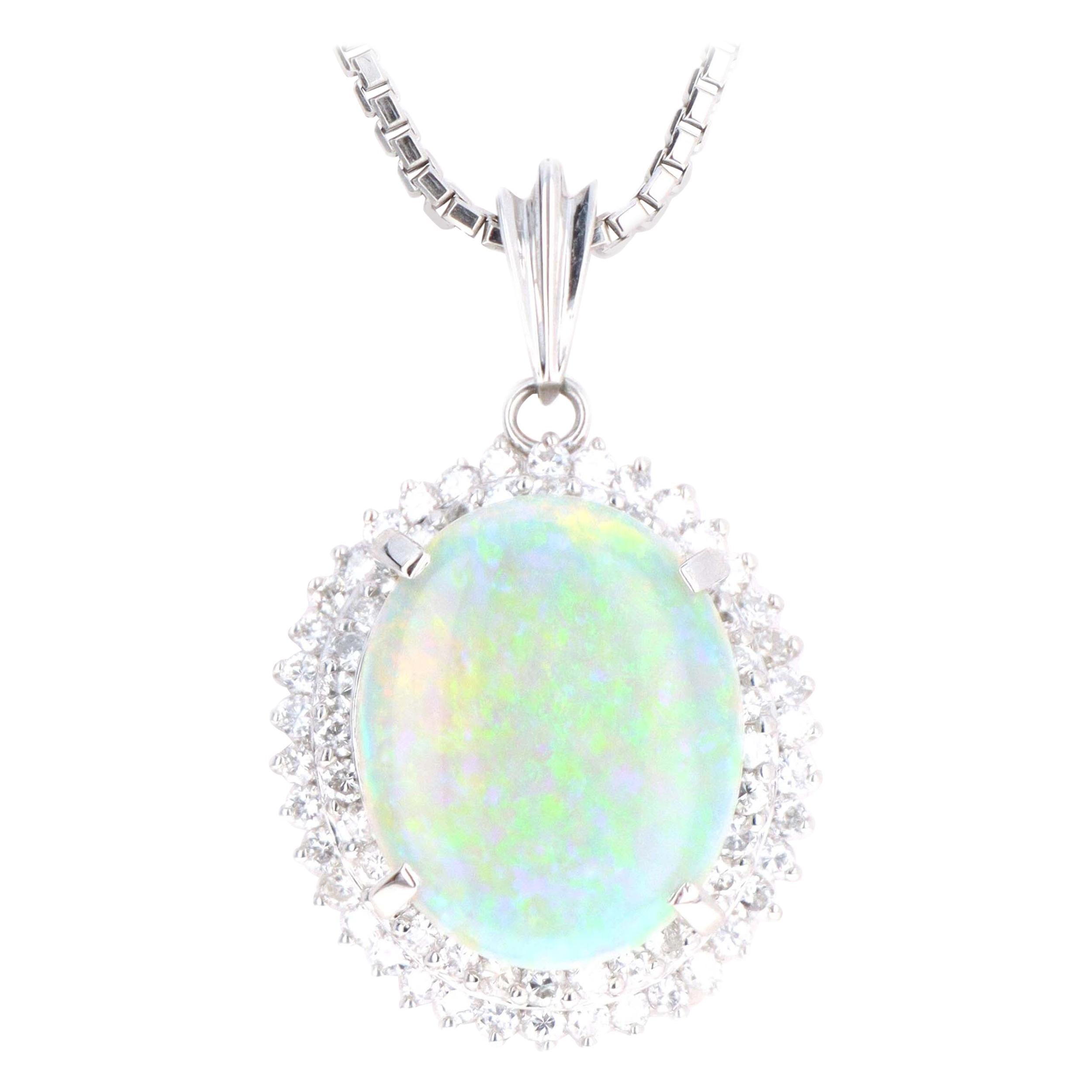 Platinum 3.45 Carat Opal and Diamond Pendant Necklace