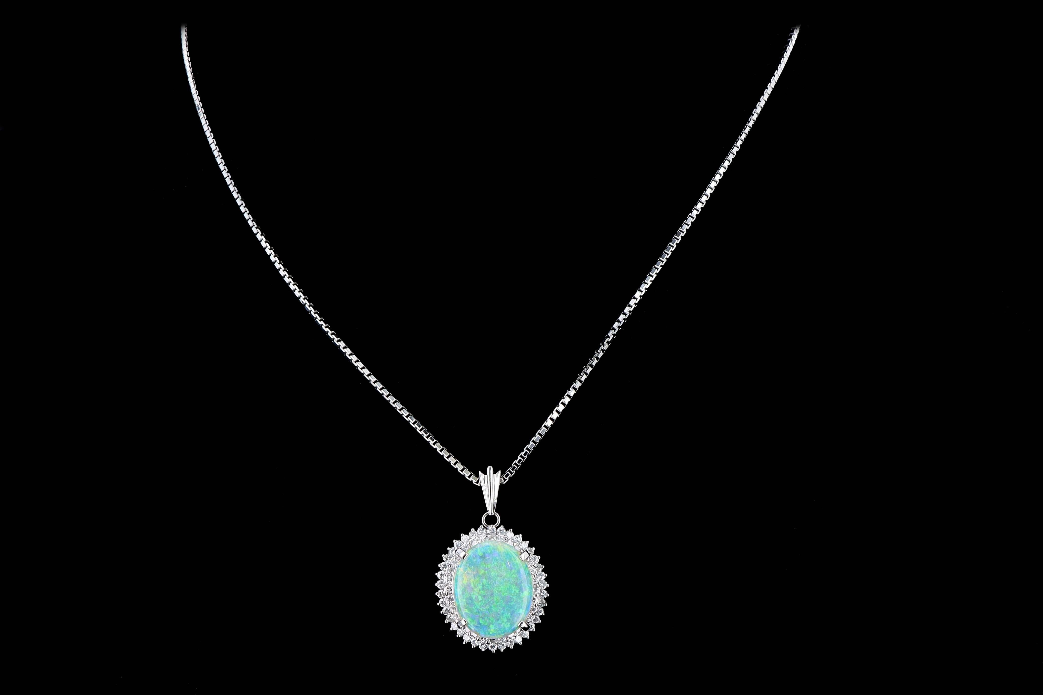 Platinum 3.45 Carat Opal and Diamond Pendant Necklace In Excellent Condition In Cape May, NJ