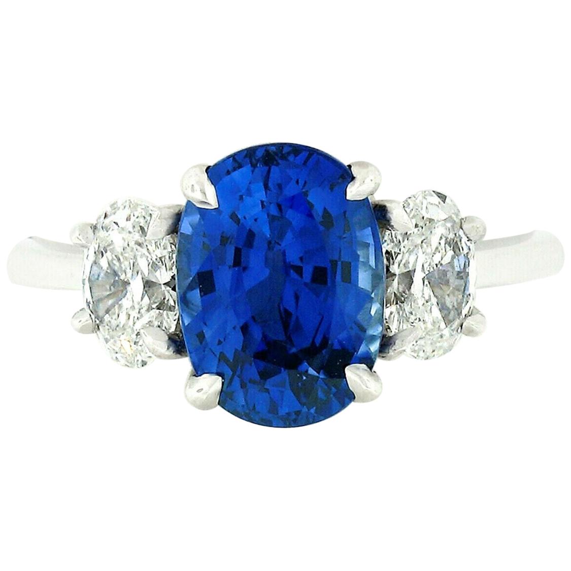Platinum 3.46 Carat GIA Oval Brilliant Ceylon Blue Sapphire Diamond Ring