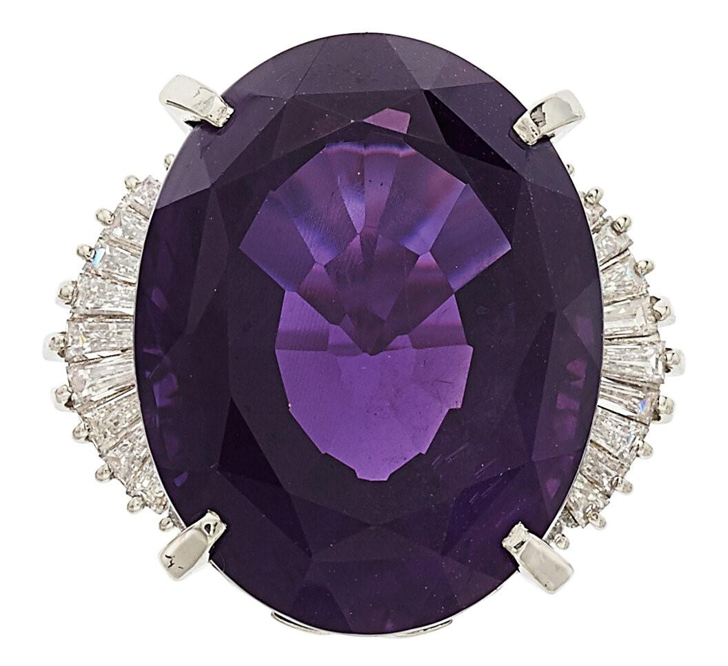 Platinum 34.68 ct Amethyst Cocktail Ring 1.10 ct Ballerina Diamonds Size 6.5 For Sale 3