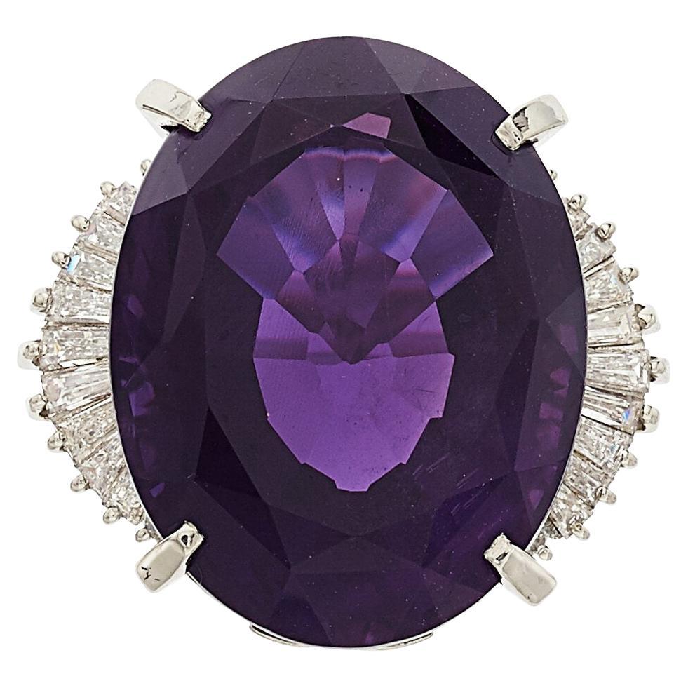 Platinum 34.68 ct Amethyst Cocktail Ring 1.10 ct Ballerina Diamonds Size 6.5