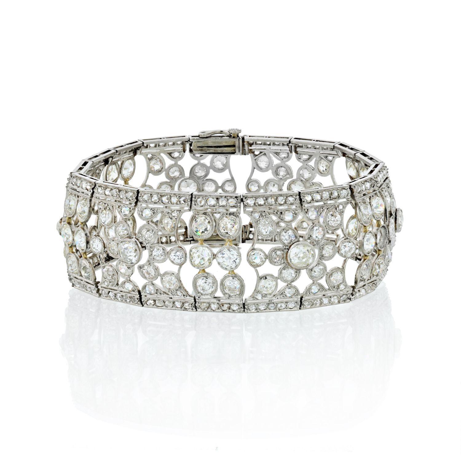Bracelet ajouré en platine avec diamants ronds taille ancienne de 35 carats Pour femmes en vente