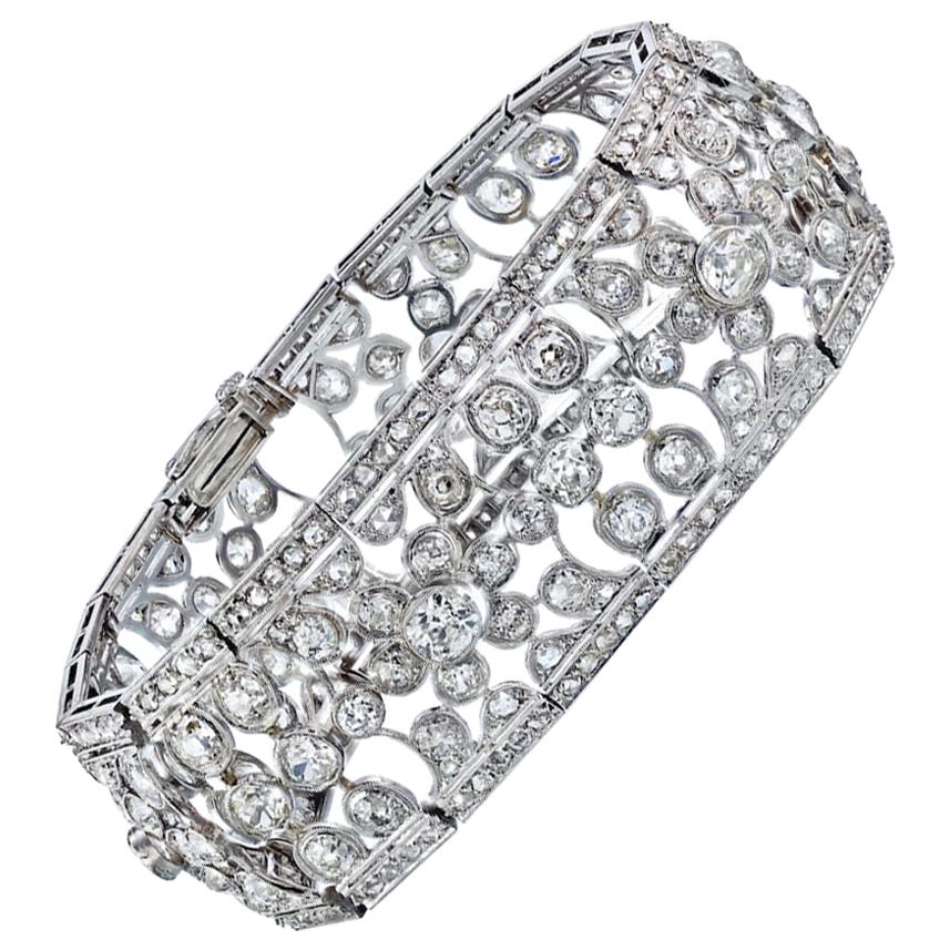 35 Carat Platinum Old-Cut Round Diamond Openwork Bracelet For Sale