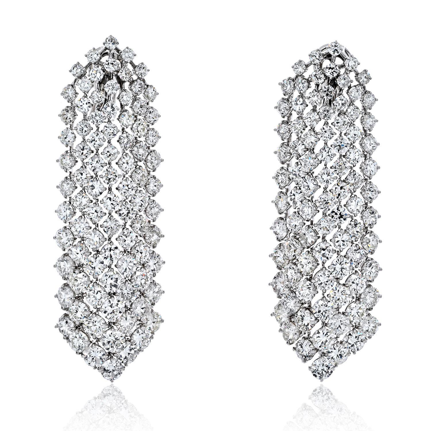 Round Cut Platinum 35 Carats Cascading Round Diamond Waterfall Earrings For Sale