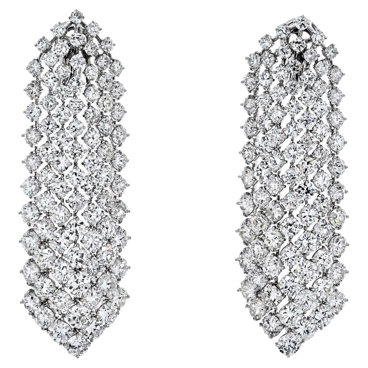 Platinum 35 Carats Cascading Round Diamond Waterfall Earrings For Sale