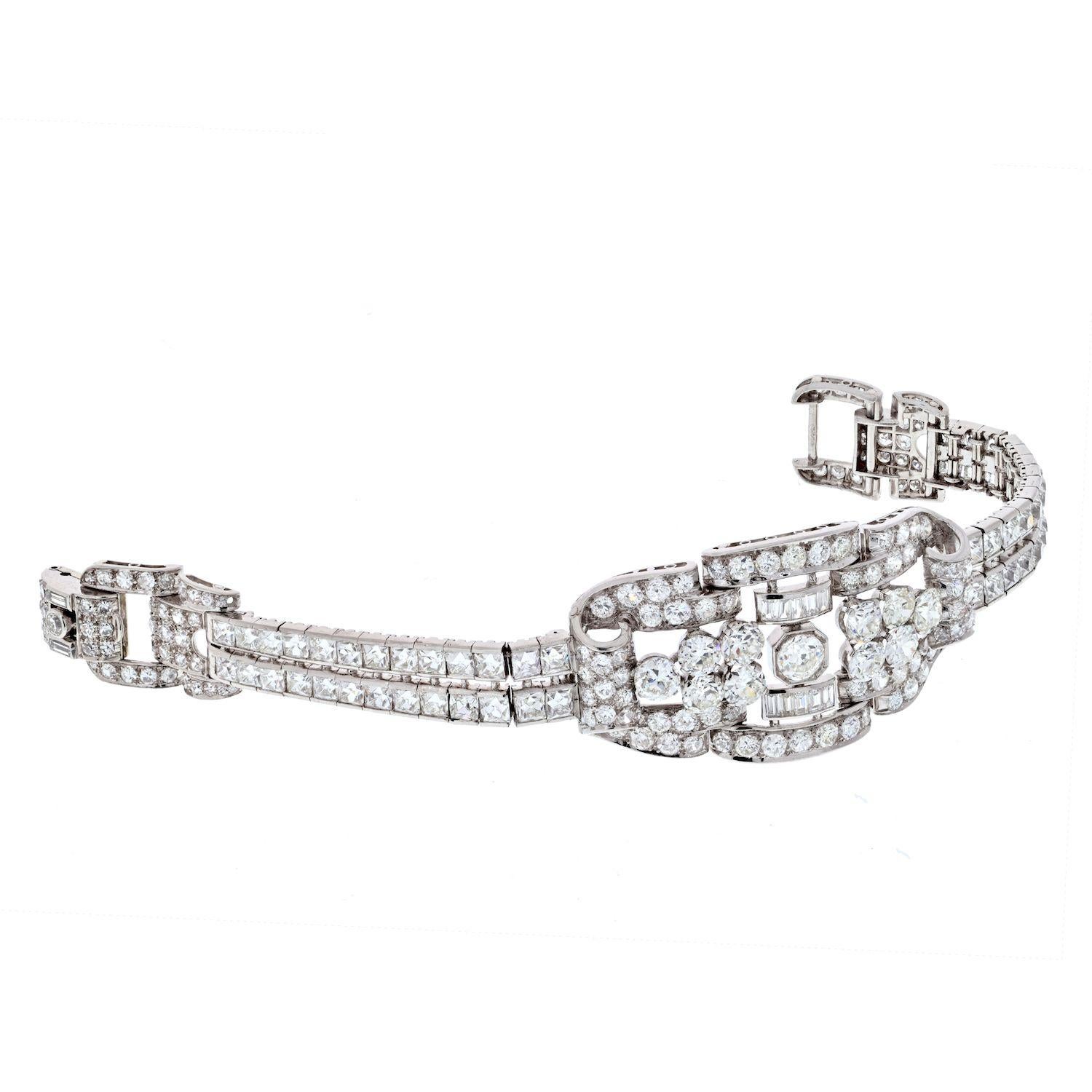 Old European Cut Platinum 35 Carats Diamond Deco Bracelet For Sale