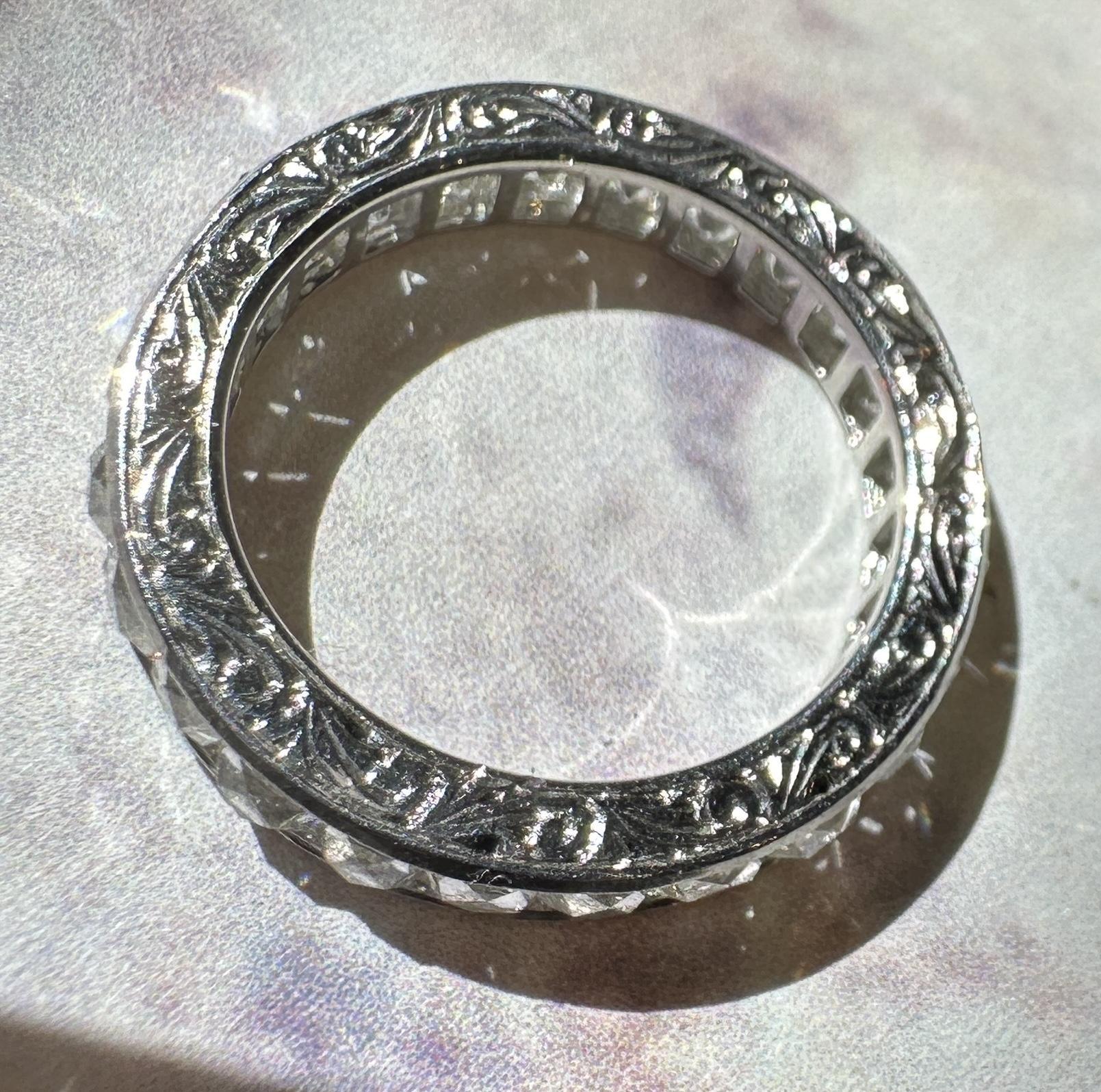 Platinum 3.50 Carat Repurposed Diamond Hand Engraved Eternity Band - Size 6 For Sale 5