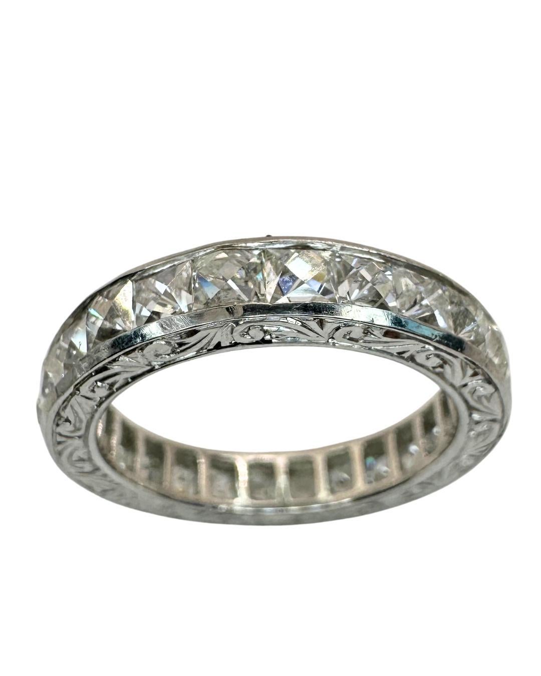 French Cut Platinum 3.50 Carat Repurposed Diamond Hand Engraved Eternity Band - Size 6 For Sale