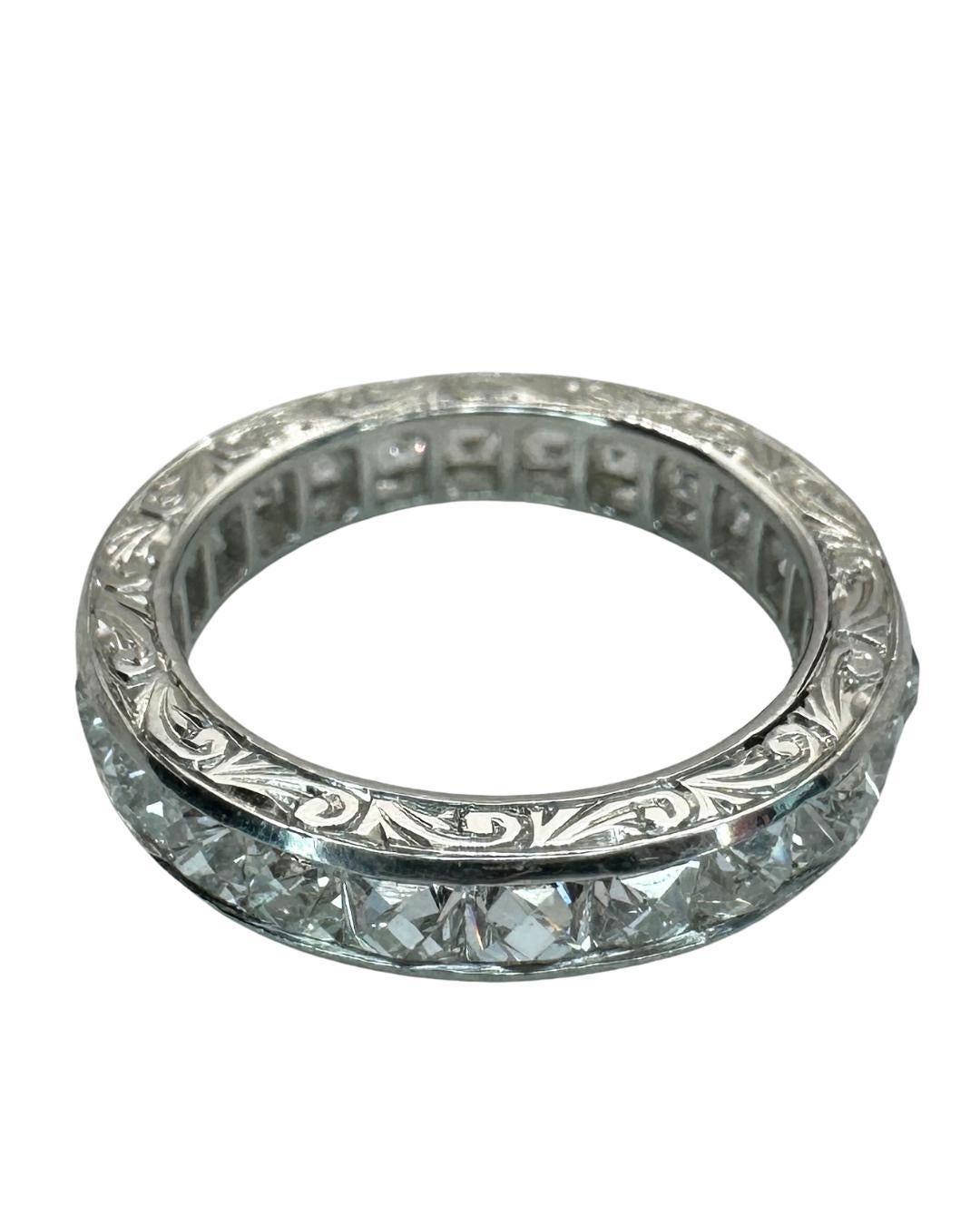 Platinum 3.50 Carat Repurposed Diamond Hand Engraved Eternity Band - Size 6 In Good Condition For Sale In New York, NY