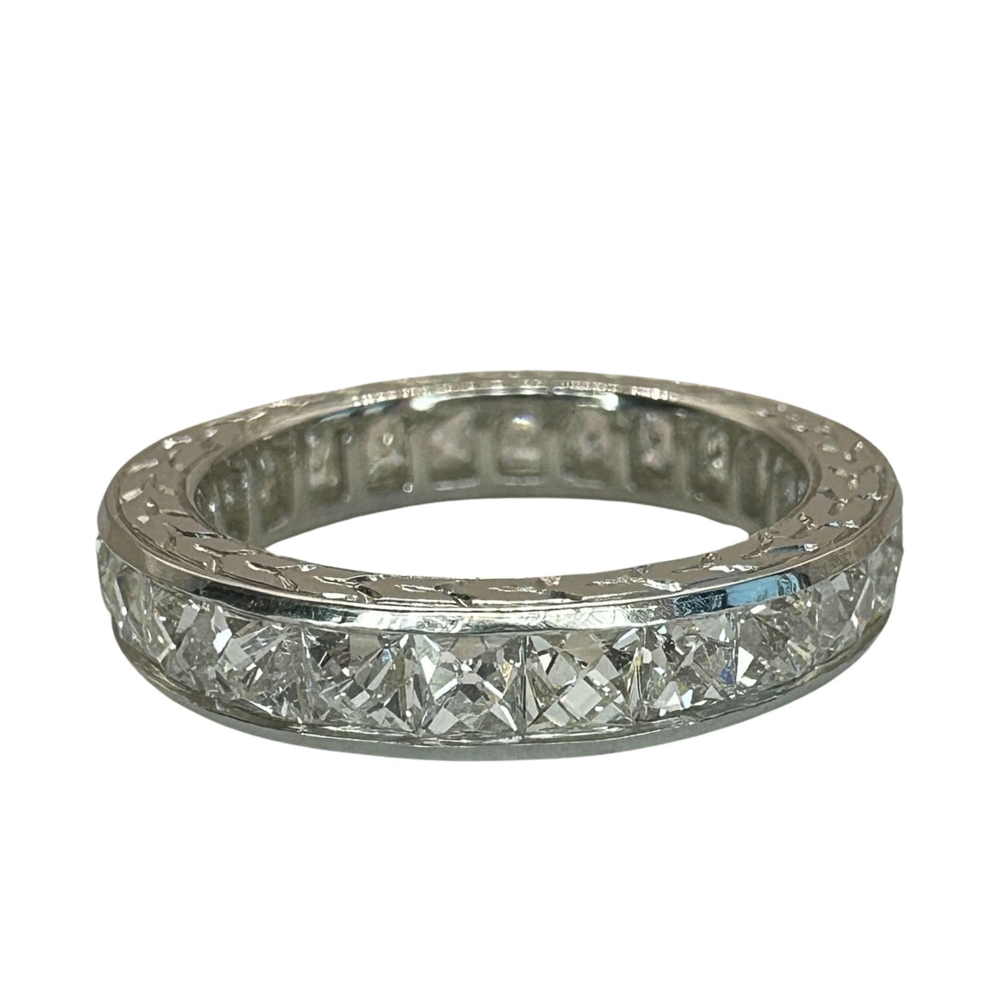 Platinum 3.50 Carat Repurposed Diamond Hand Engraved Eternity Band - Size 6 For Sale 1