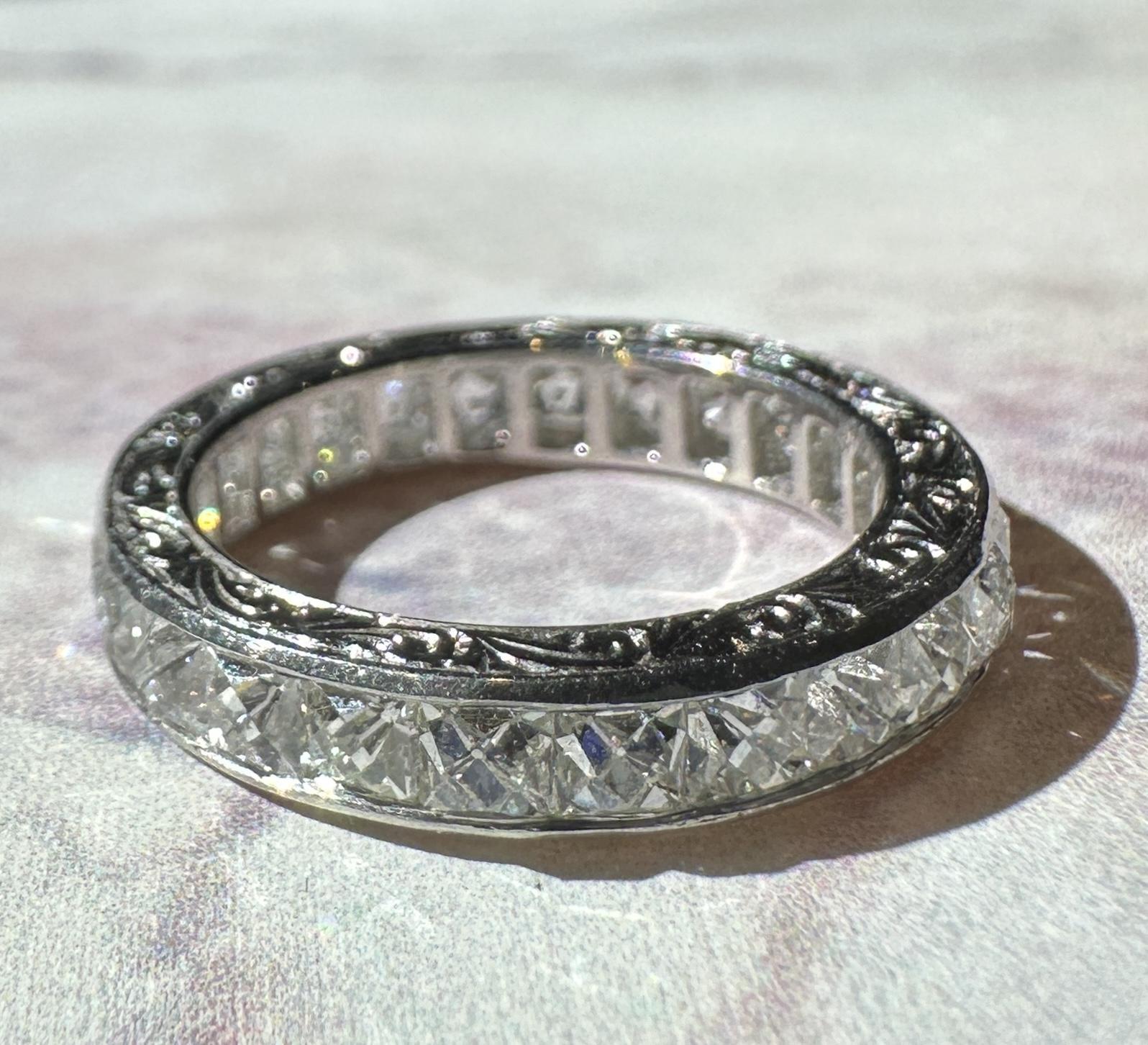 Platinum 3.50 Carat Repurposed Diamond Hand Engraved Eternity Band - Size 6 For Sale 2