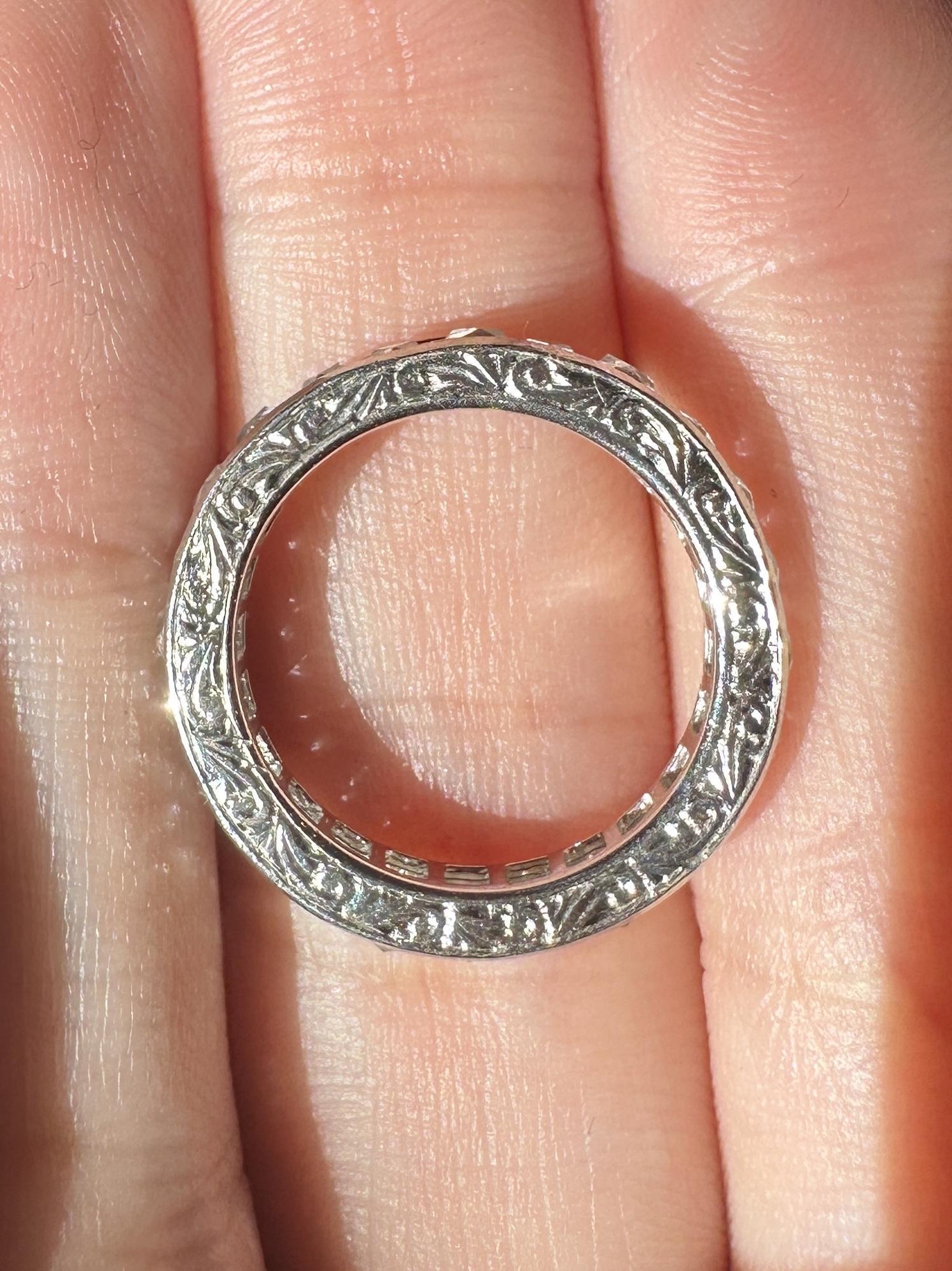 Platinum 3.50 Carat Repurposed Diamond Hand Engraved Eternity Band - Size 6 For Sale 4