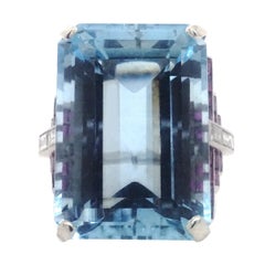 Platinum 35.10 Carat Aquamarine Ruby Diamond Deco Cocktail Ring