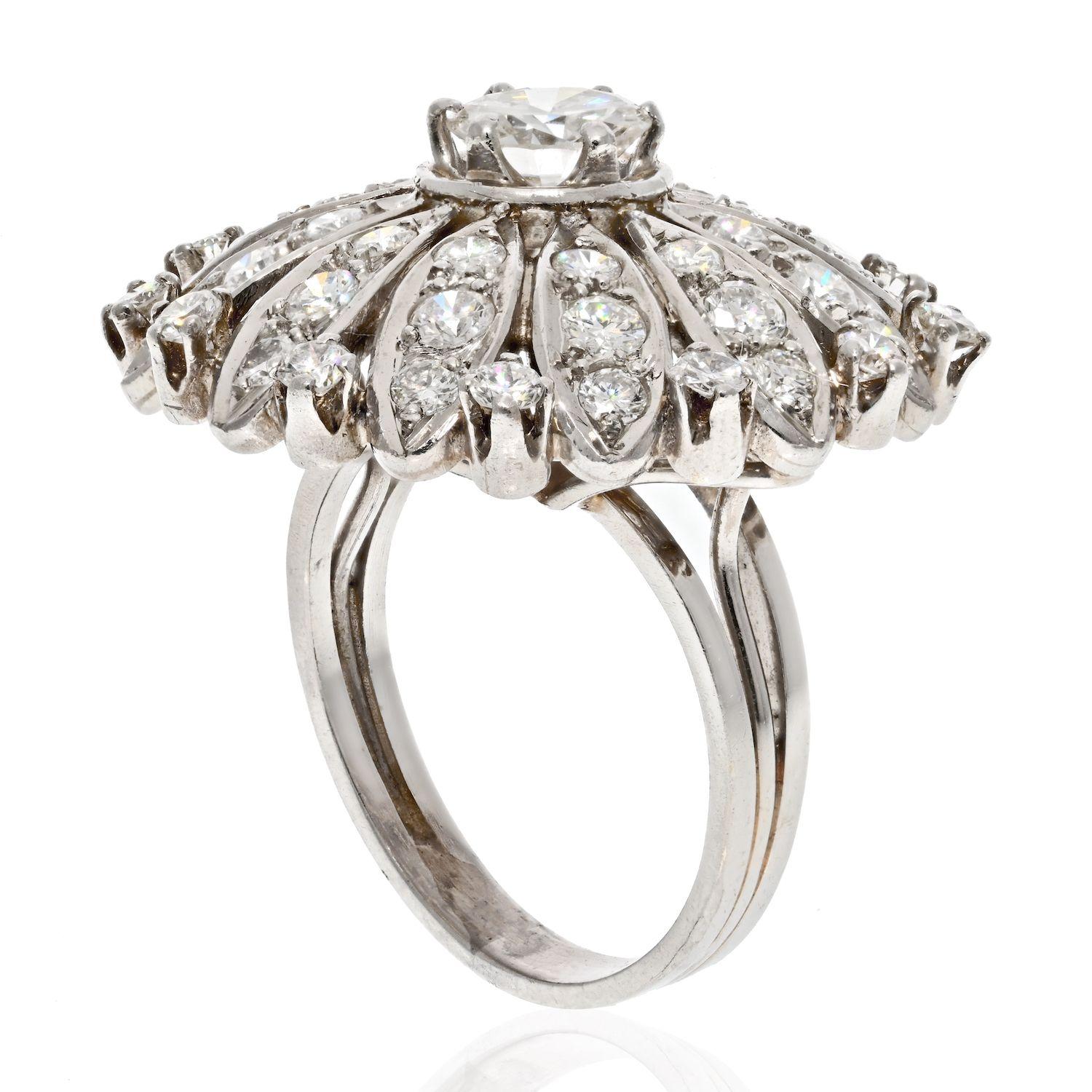 Modern Platinum 3.54cttw Diamond Flower Motif Cocktail Ring