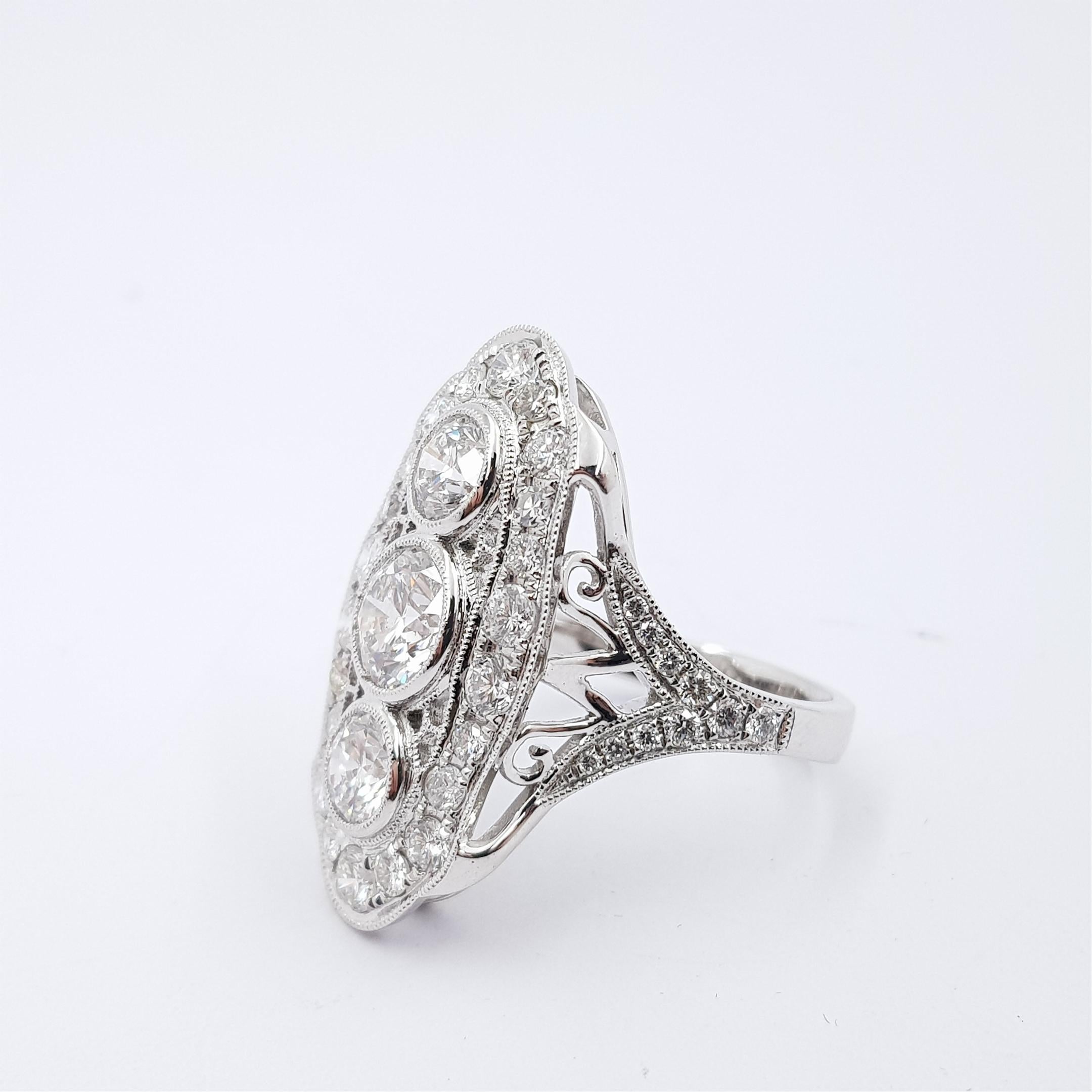 Art Deco Platinum 3.5ct TW Diamond Vintage Style Cluster Ring Size N For Sale