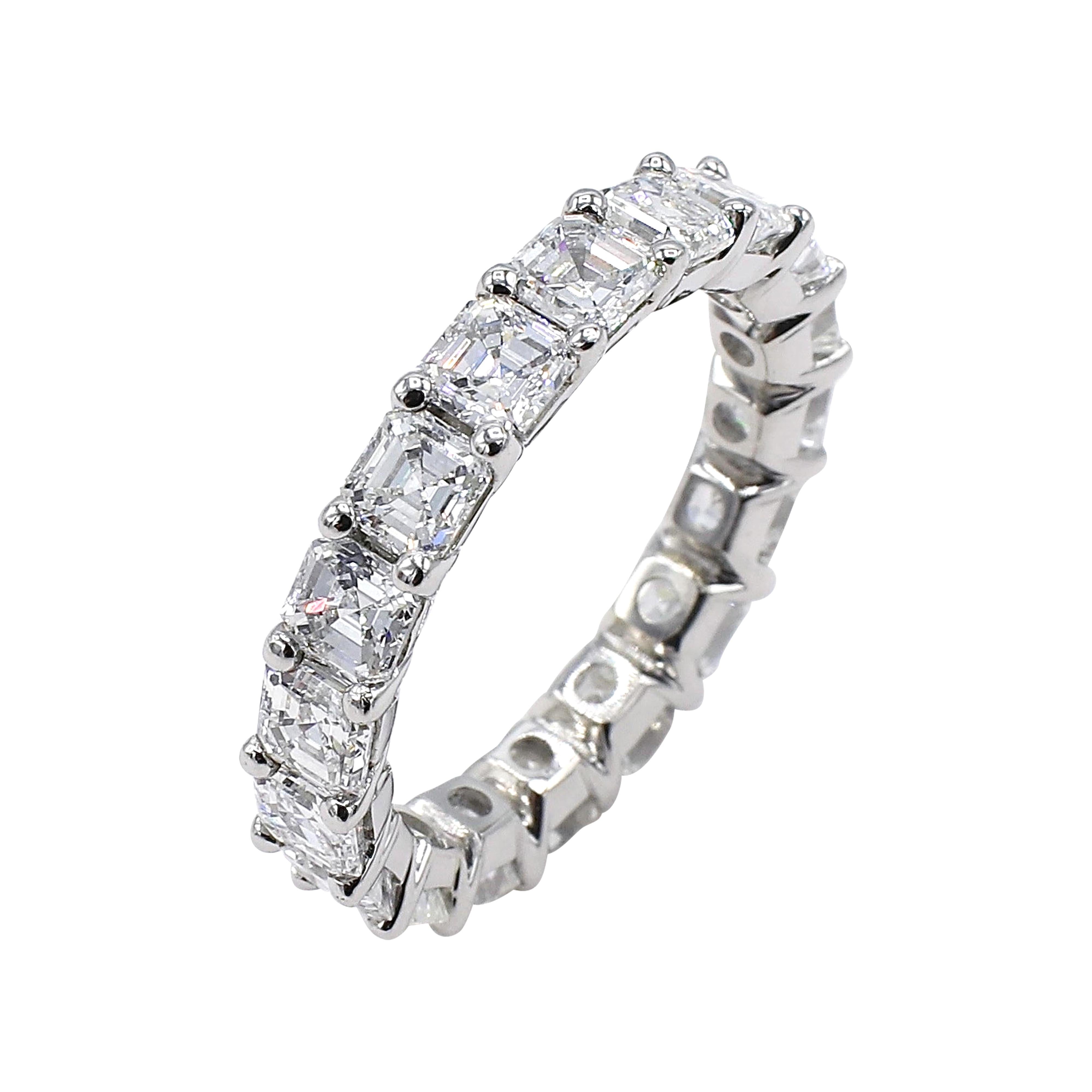 Platinum 3.60 CTW Asscher Diamond Eternity Band Size 5.5 
Metal: Platinum
Diamonds: 18 Asscher cut diamonds approx. 3.60 CTW F-G VS
Weight: 3.79 grams
Size: 5.5 (US)
Width: 3.3MM
Signed: 