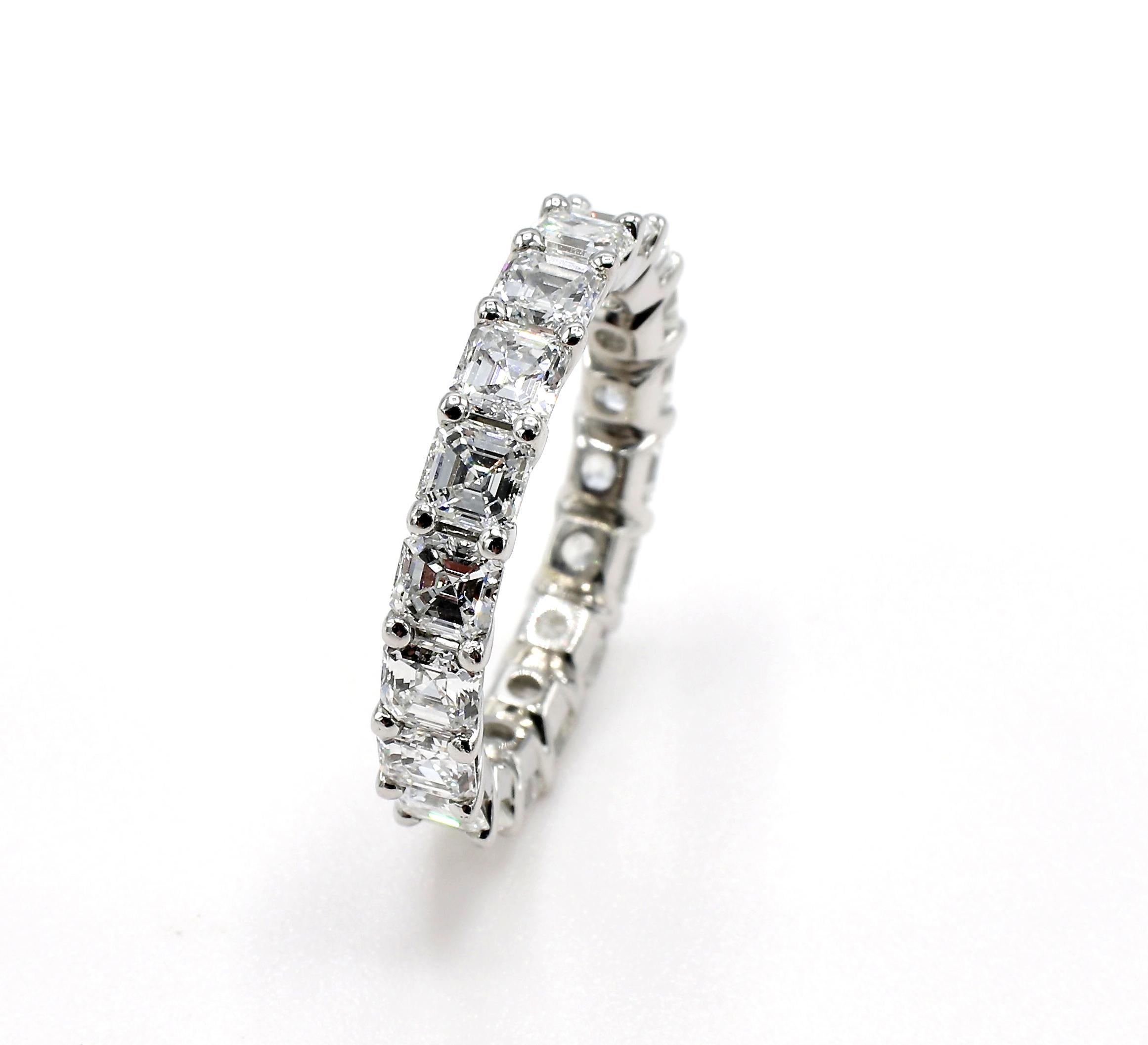 Modern Platinum 3.60 Carat Asscher Diamond Eternity Band Ring