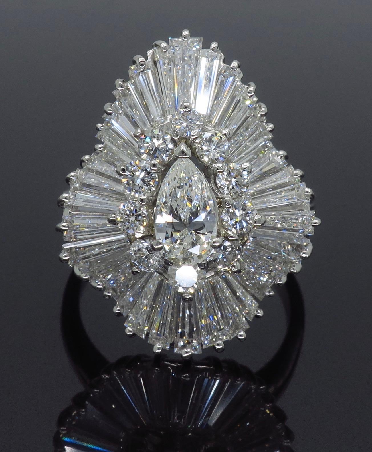 Platinum 3.60 Carat Ballerina Style Diamond Cocktail Ring In Excellent Condition In Webster, NY