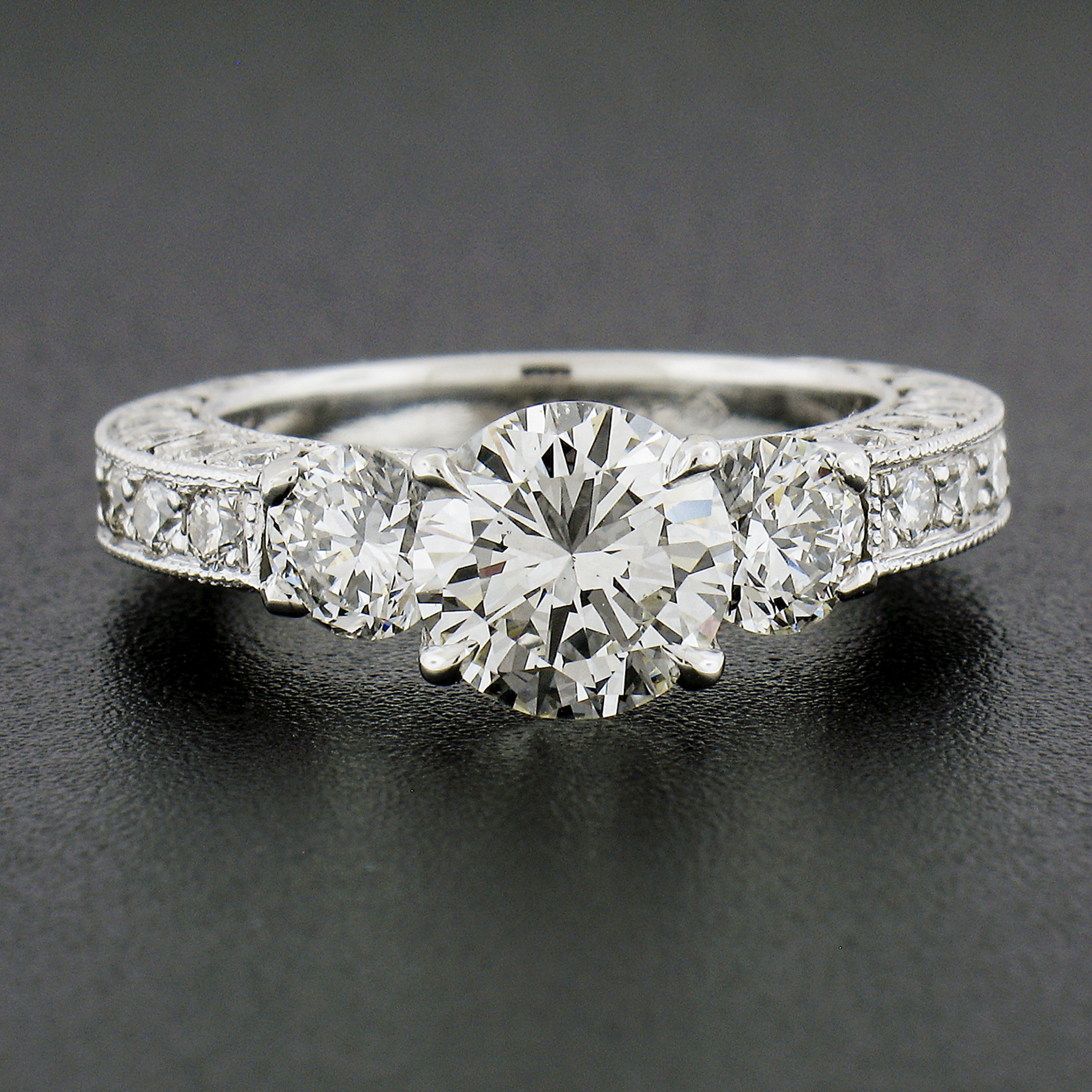 Round Cut Platinum 3.61ctw Gia Graded Round Diamond Milgrain Work Engagement Ring For Sale