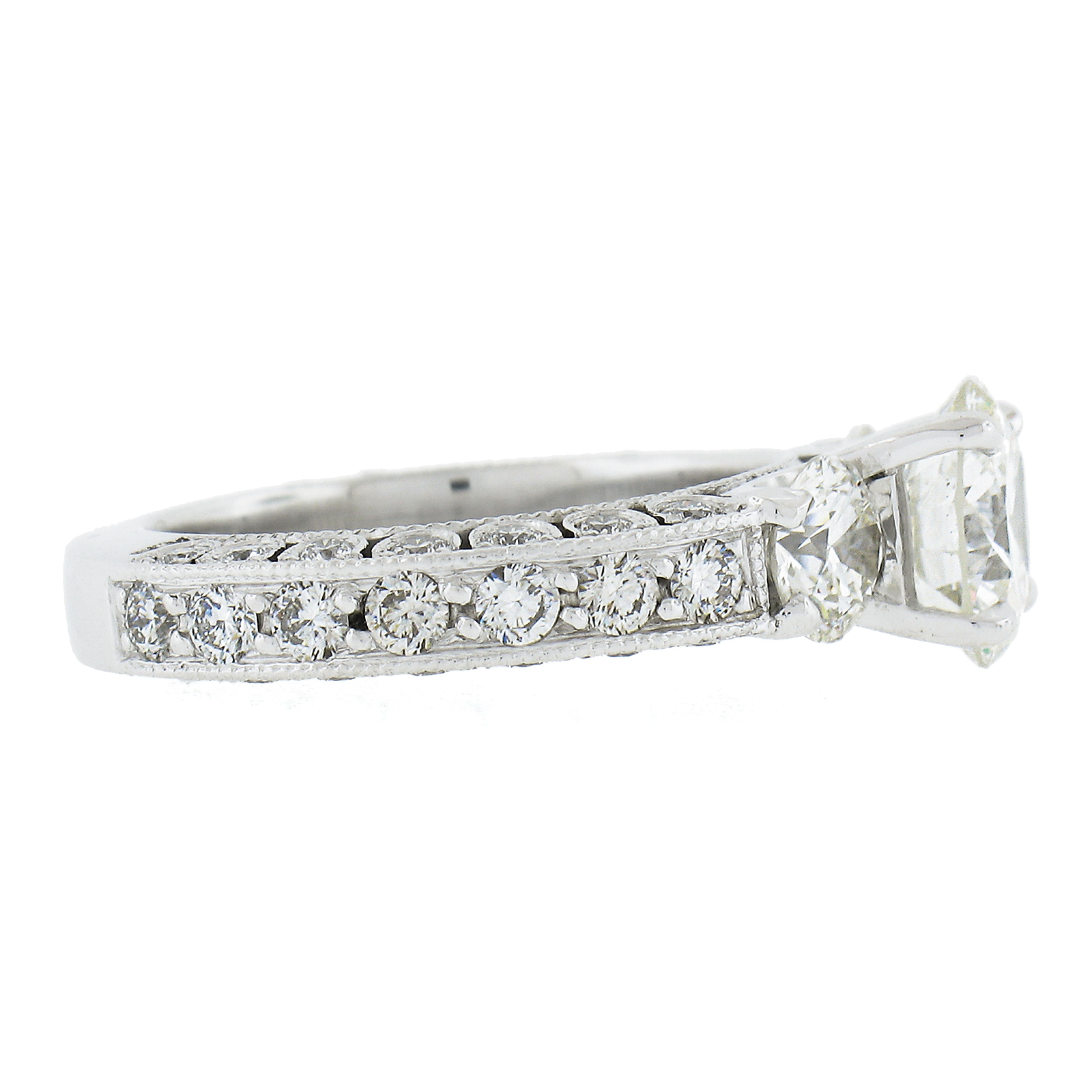 Women's Platinum 3.61ctw Gia Graded Round Diamond Milgrain Work Engagement Ring For Sale