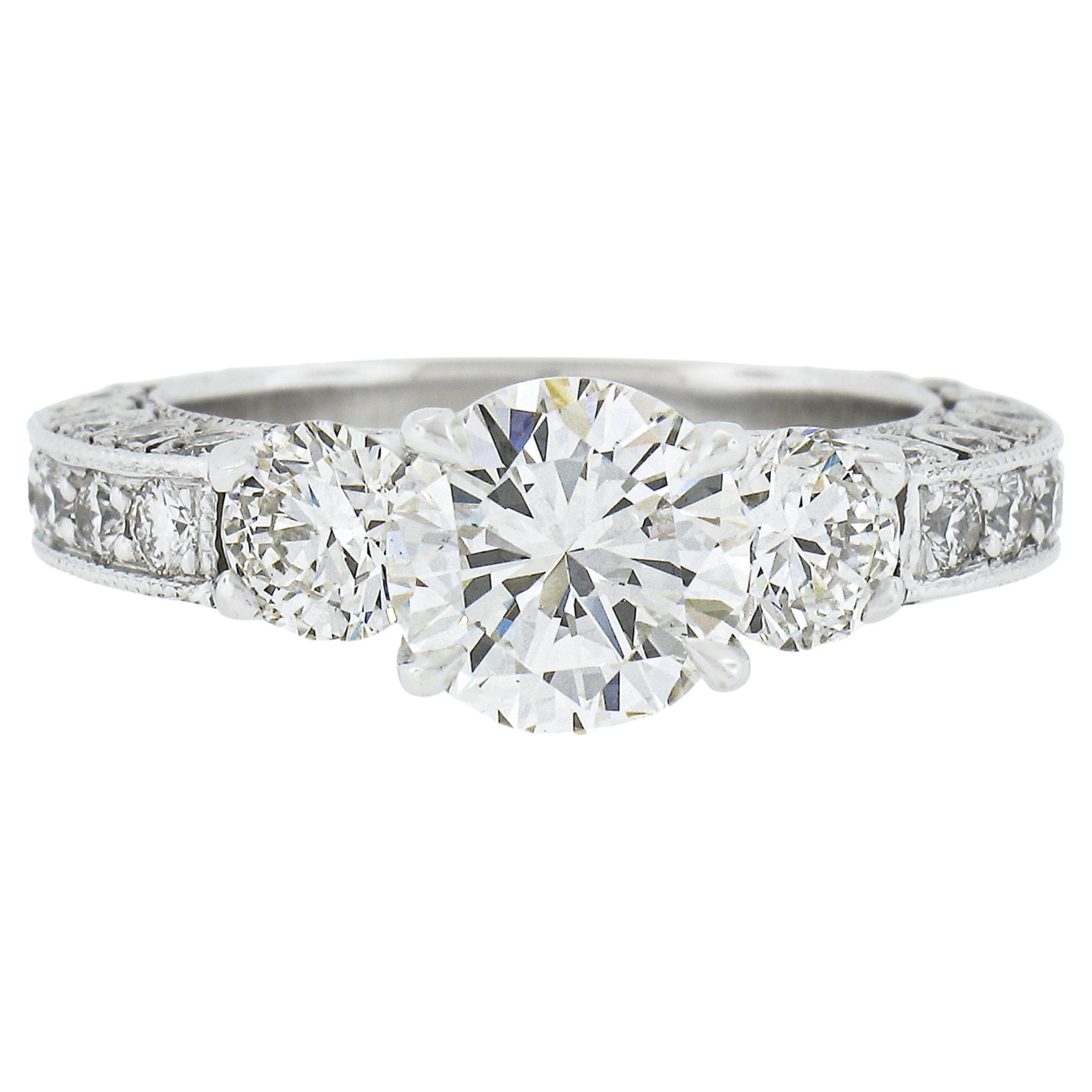 Platinum 3.61ctw Gia Graded Round Diamond Milgrain Work Engagement Ring For Sale