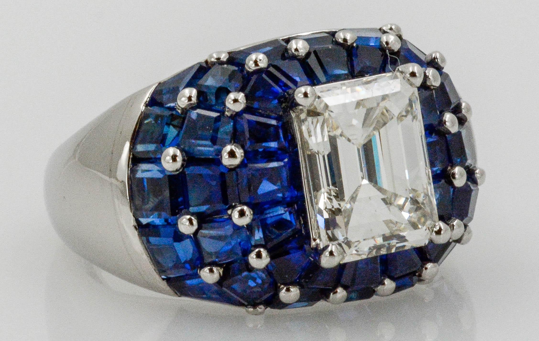 Oscar Heyman Platinum 3.65 Carat Diamond 10 Carat Sapphire Dome Ladies Ring In Excellent Condition In Dallas, TX