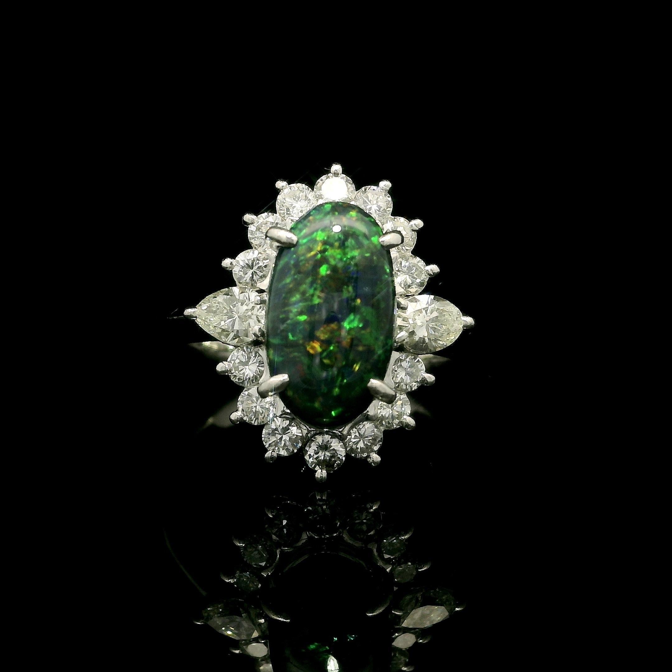 Platinum 3.65ctw GIA Elongated Oval Black Opal w/ Diamond Halo Nice Shape Ring For Sale 8
