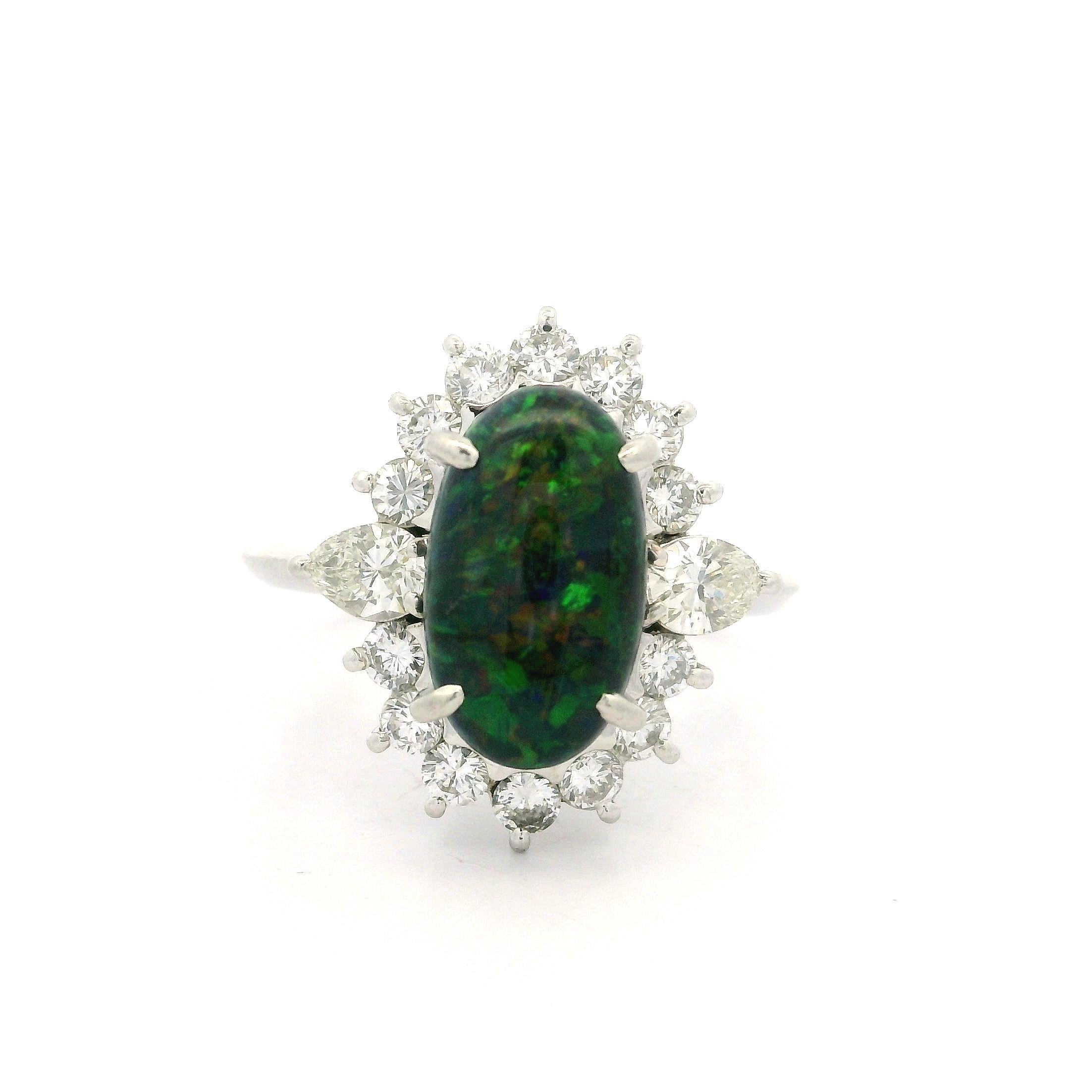 Platinum 3.65ctw GIA Elongated Oval Black Opal w/ Diamond Halo Nice Shape Ring For Sale 9