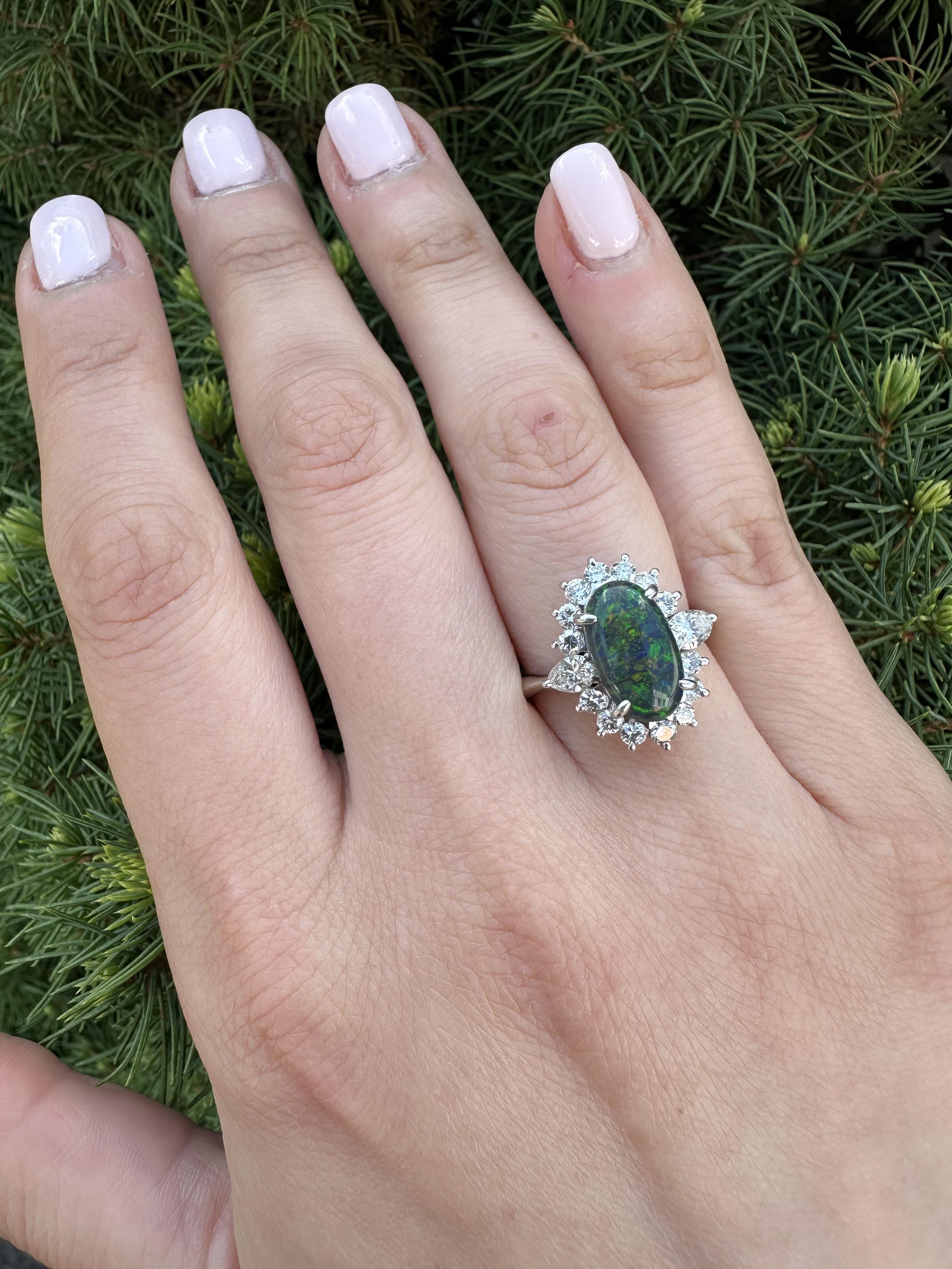 Platinum 3.65ctw GIA Elongated Oval Black Opal w/ Diamond Halo Nice Shape Ring For Sale 10