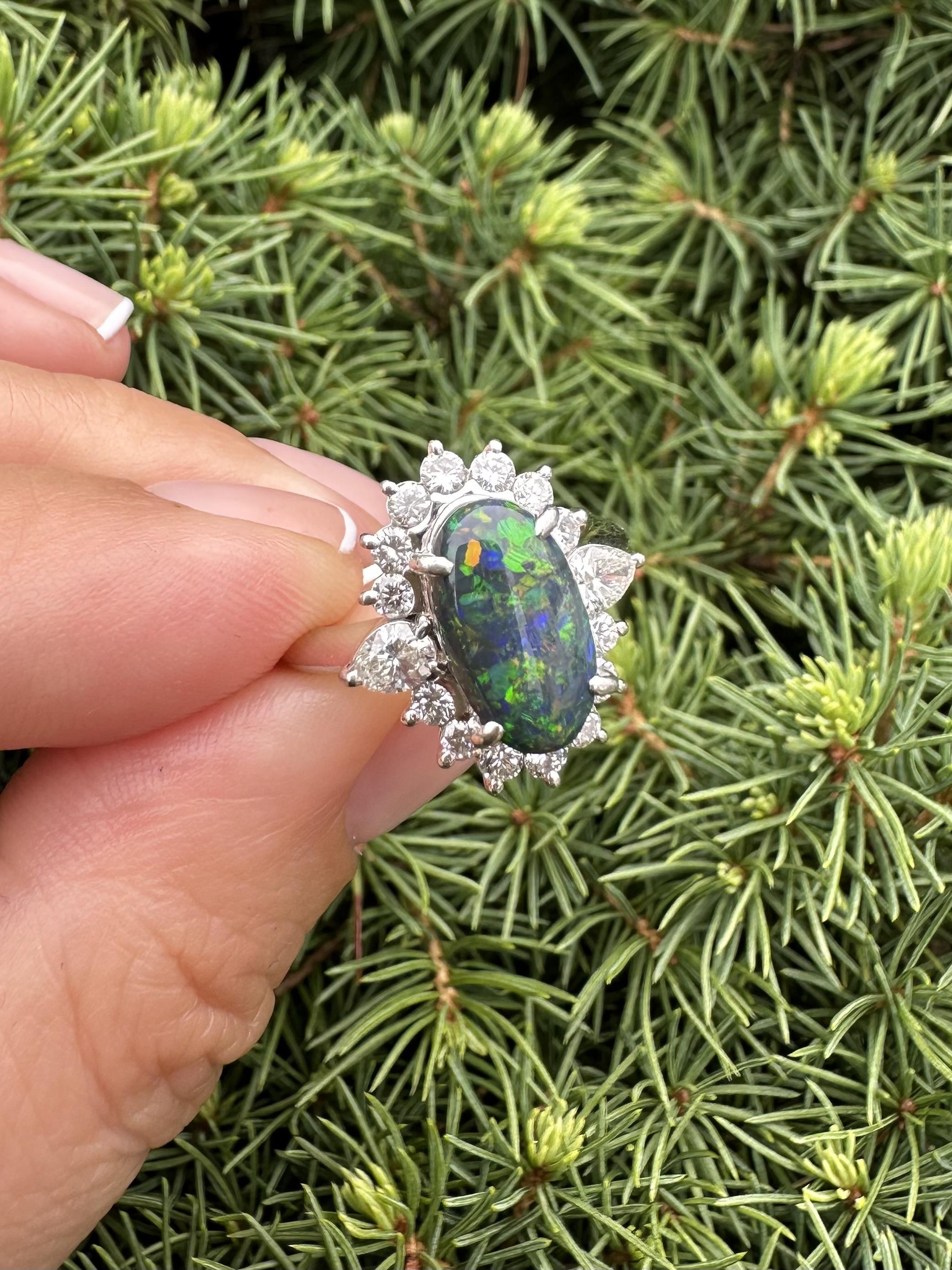 Platinum 3.65ctw GIA Elongated Oval Black Opal w/ Diamond Halo Nice Shape Ring For Sale 11