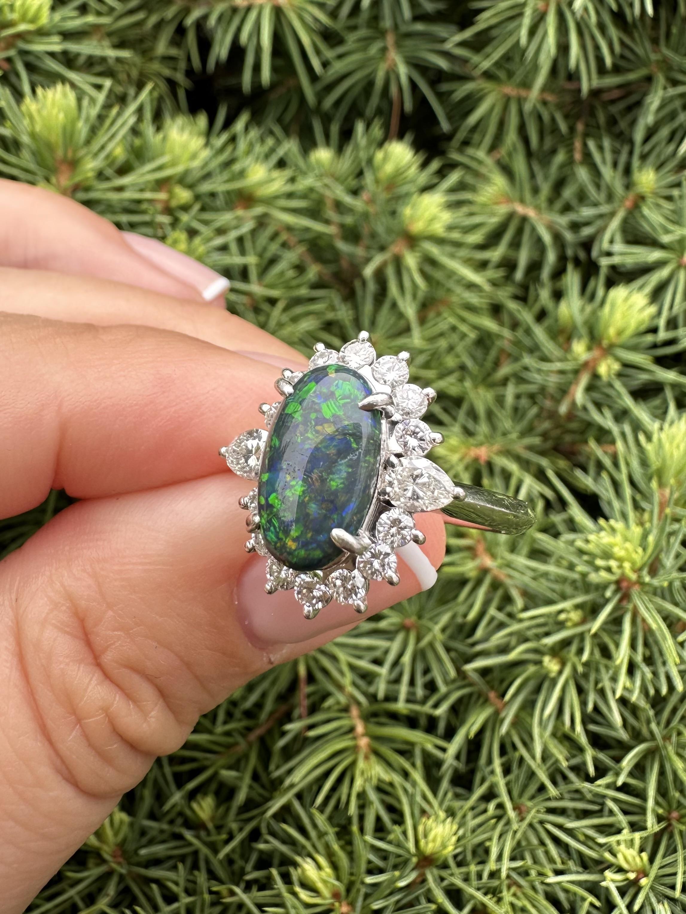 Platinum 3.65ctw GIA Elongated Oval Black Opal w/ Diamond Halo Nice Shape Ring For Sale 12