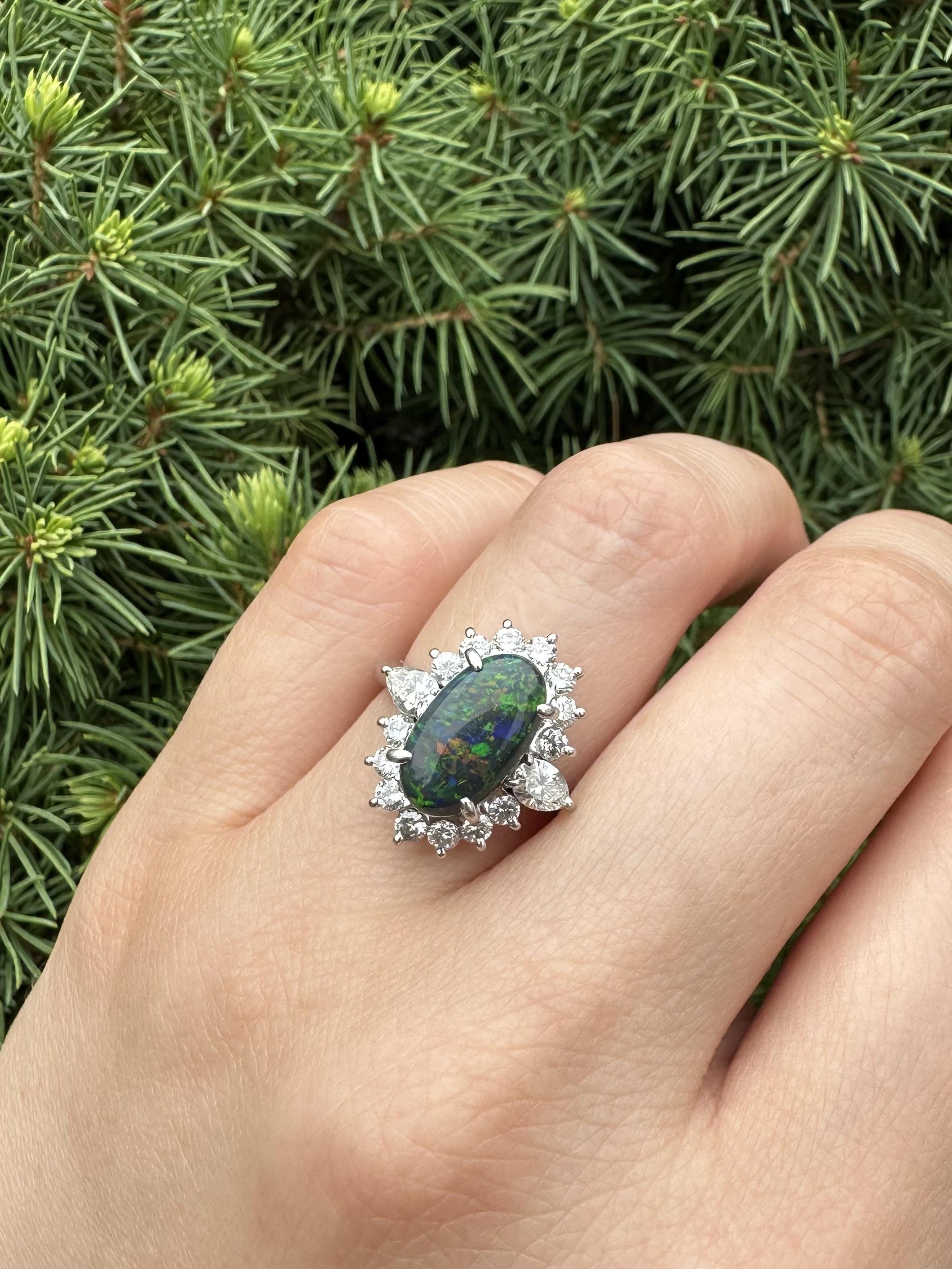 Platinum 3.65ctw GIA Elongated Oval Black Opal w/ Diamond Halo Nice Shape Ring For Sale 13
