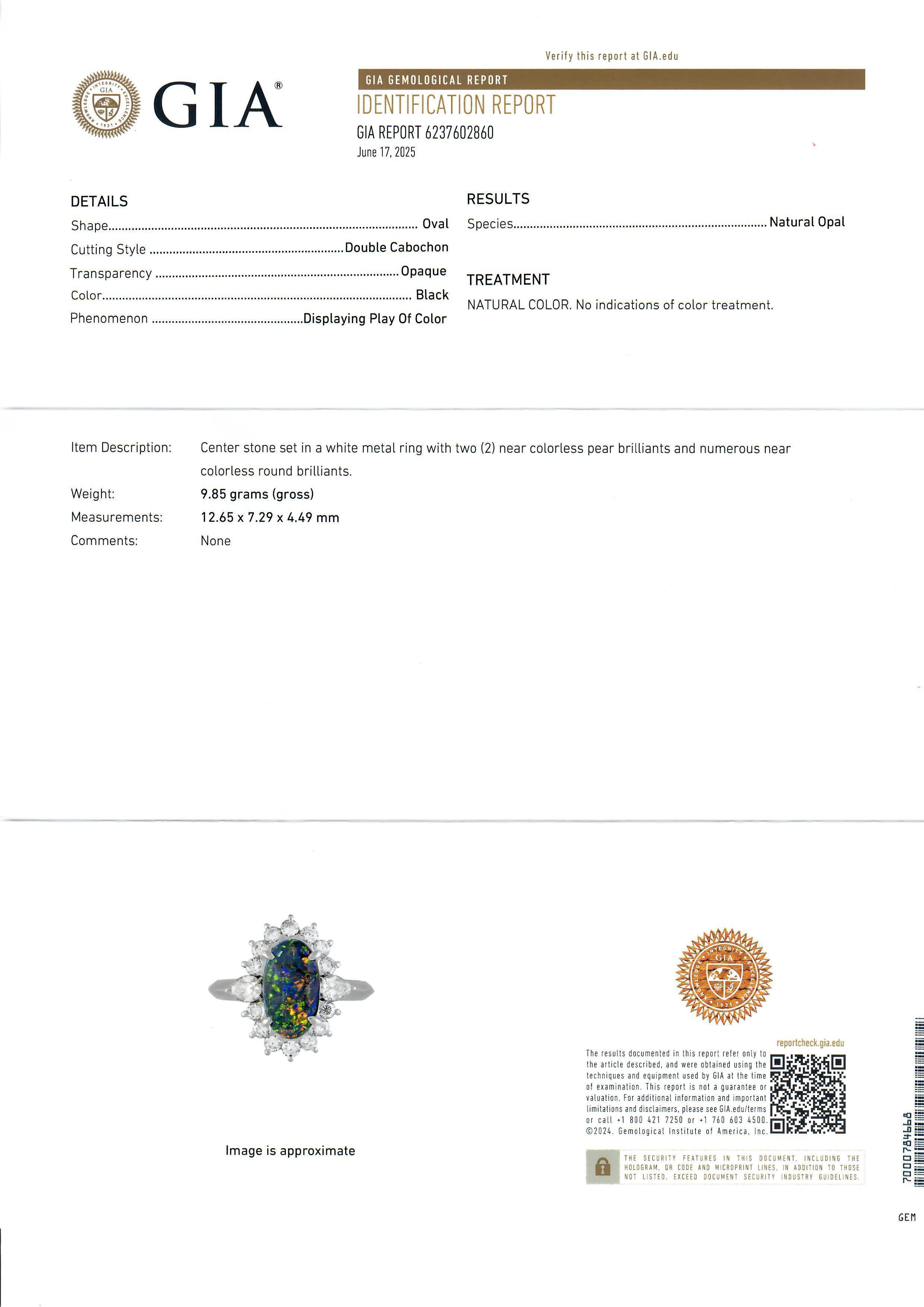 Women's Platinum 3.65ctw GIA Elongated Oval Black Opal w/ Diamond Halo Nice Shape Ring For Sale