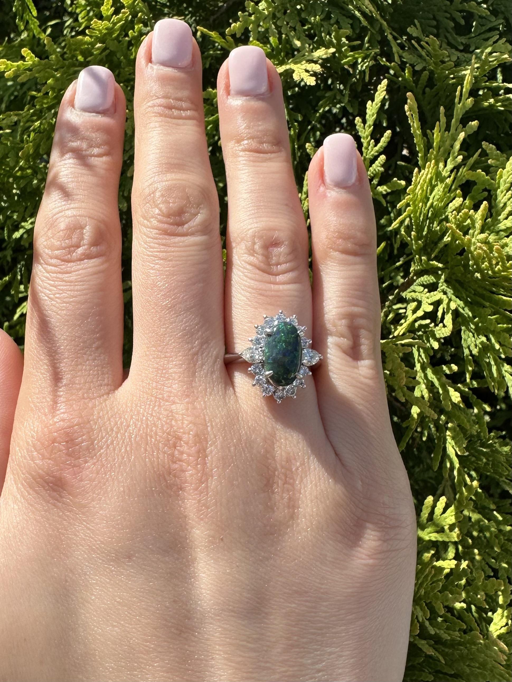 Platinum 3.65ctw GIA Elongated Oval Black Opal w/ Diamond Halo Nice Shape Ring For Sale 2