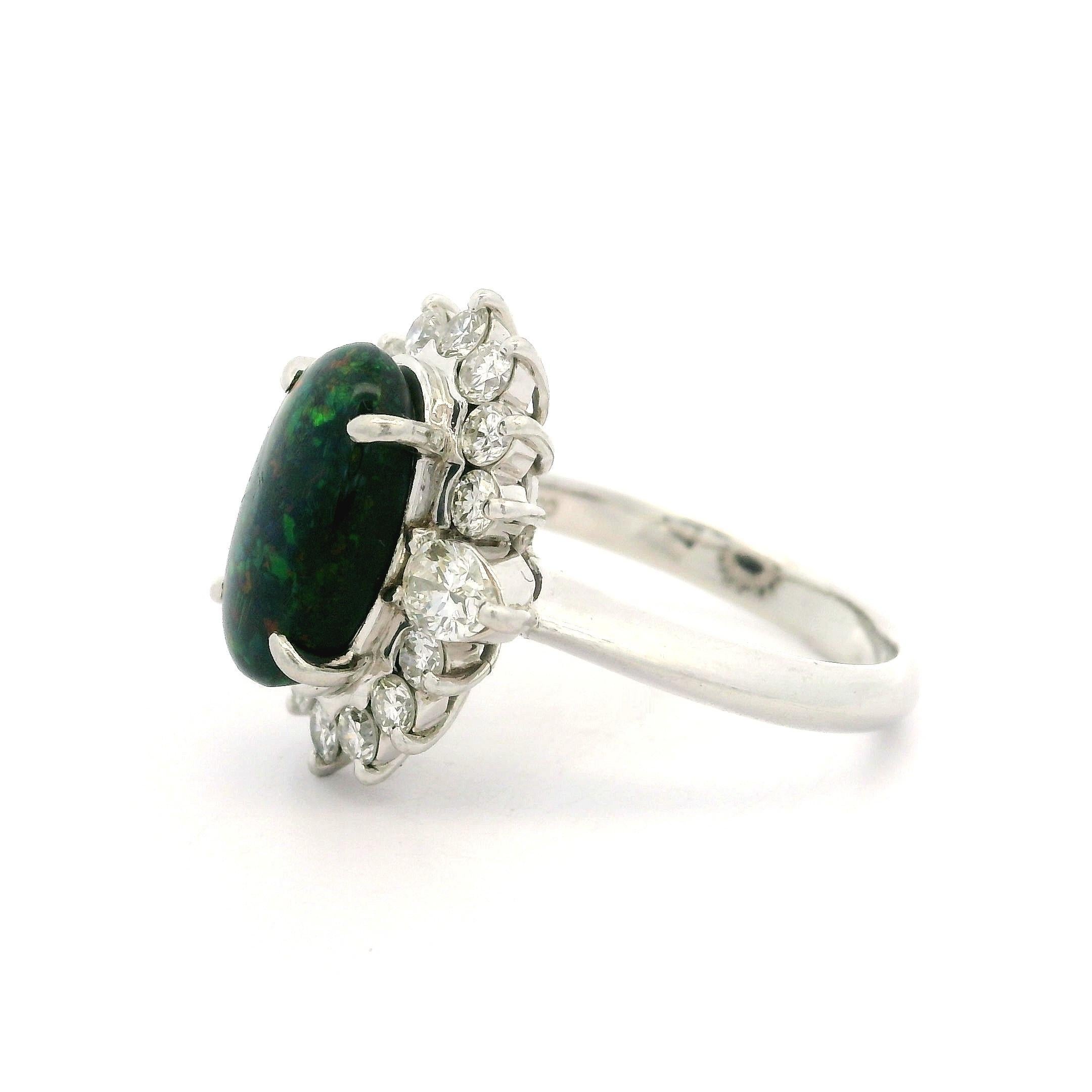Platinum 3.65ctw GIA Elongated Oval Black Opal w/ Diamond Halo Nice Shape Ring For Sale 4