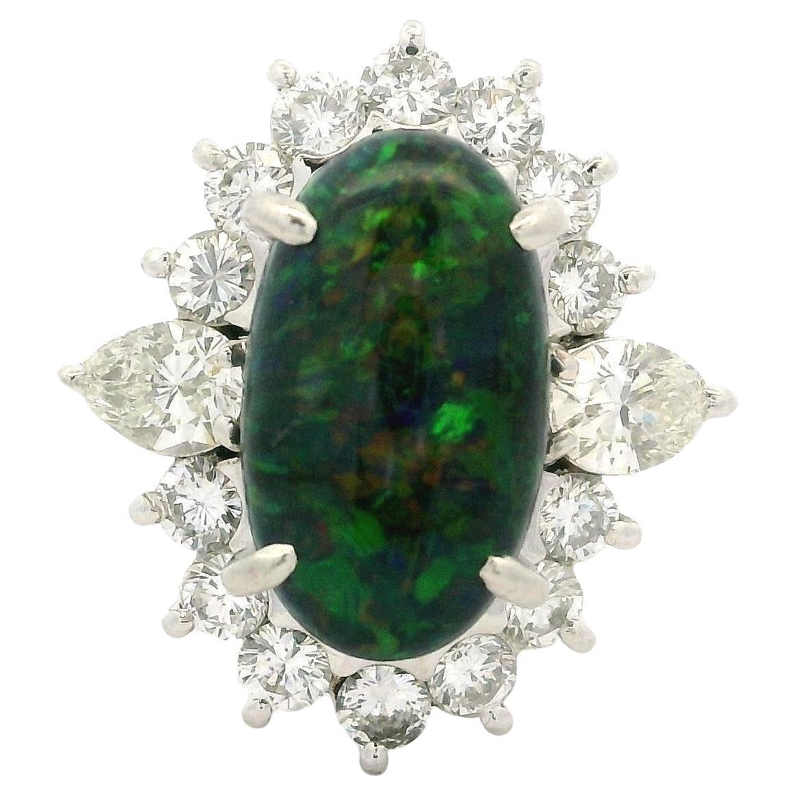 Platinum 3.65ctw GIA Elongated Oval Black Opal w/ Diamond Halo Nice Shape Ring For Sale