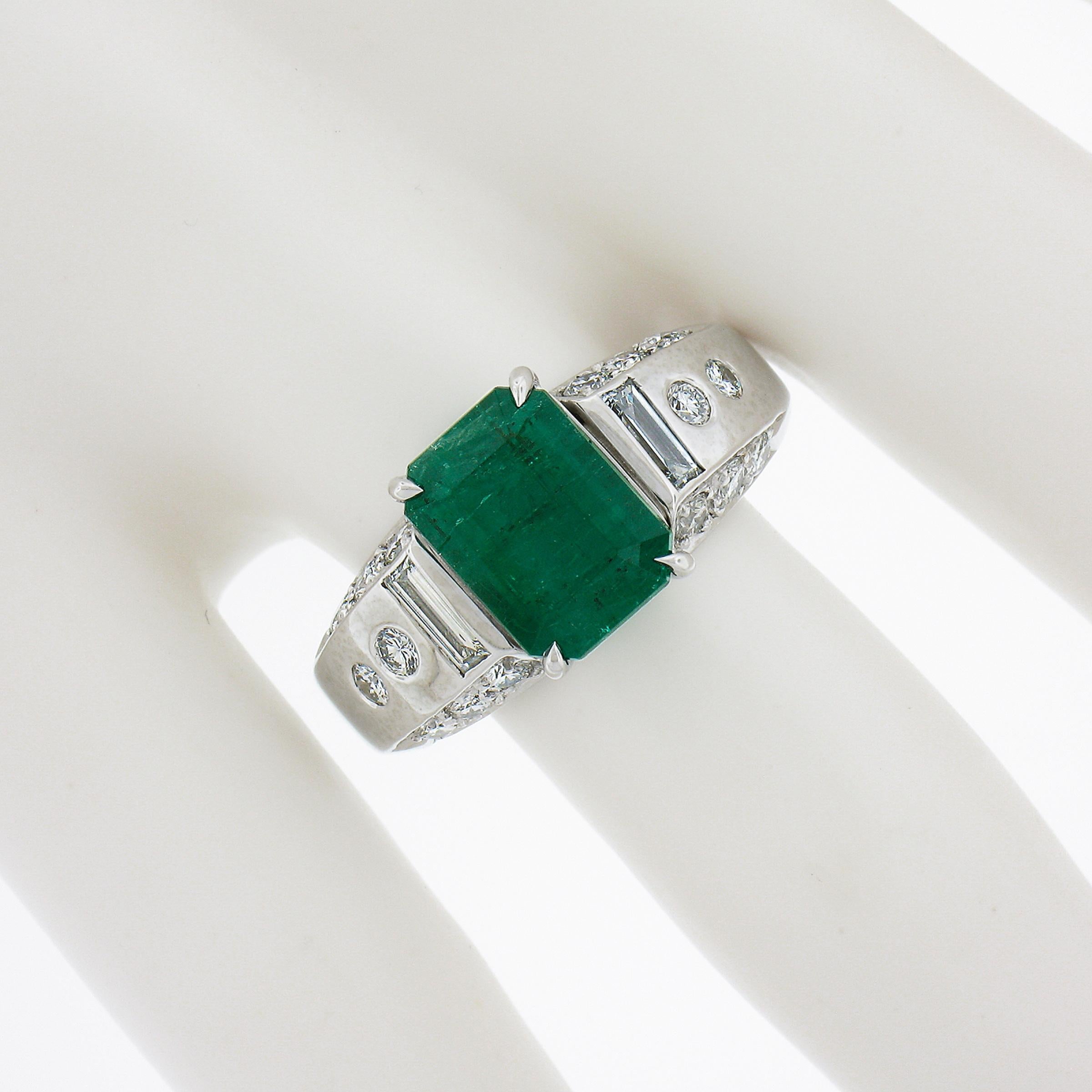 Emerald Cut Platinum 3.67ctw GIA Octagonal Green Emerald w/ Baguette & Round Diamond Ring For Sale