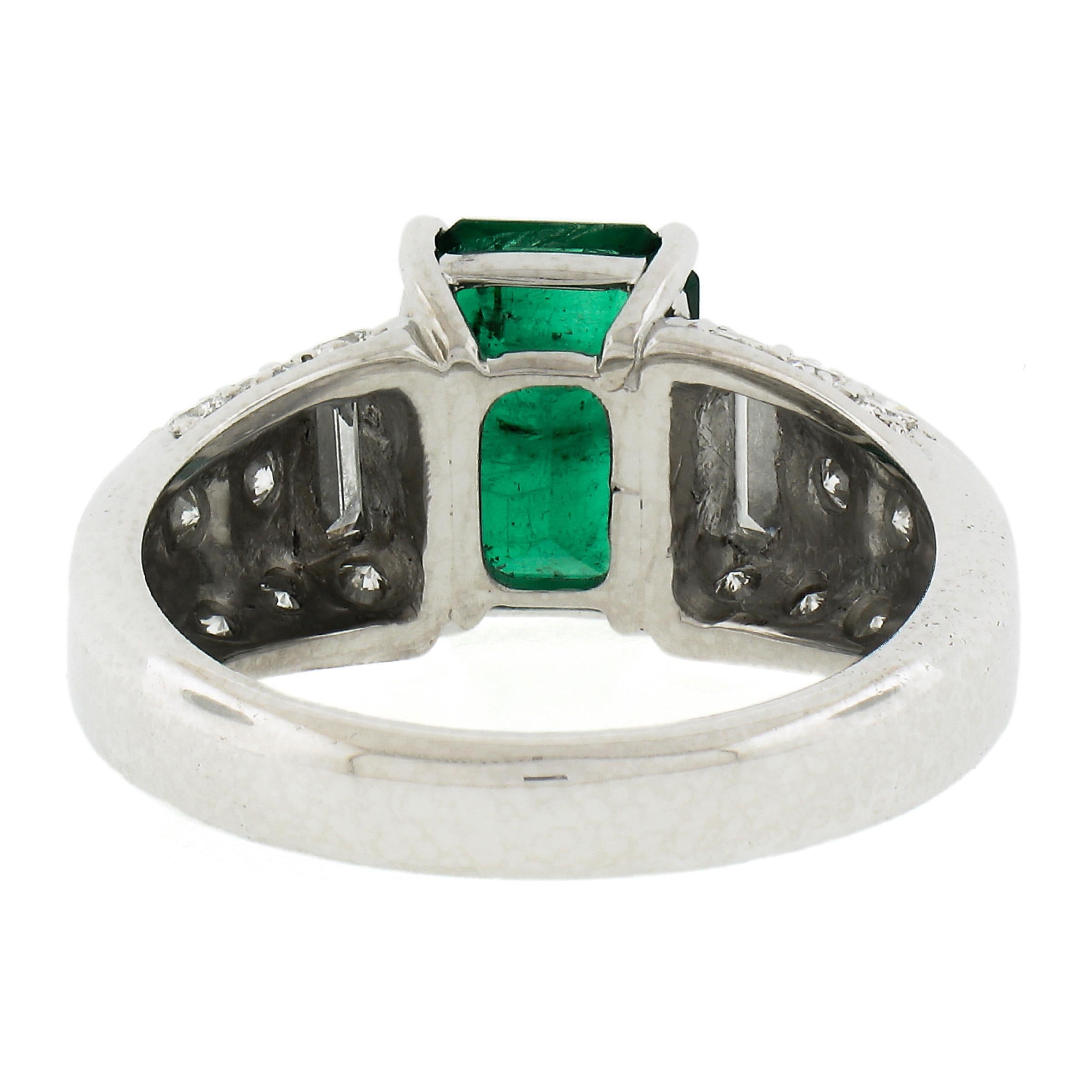 Platinum 3.67ctw GIA Octagonal Green Emerald w/ Baguette & Round Diamond Ring For Sale 1