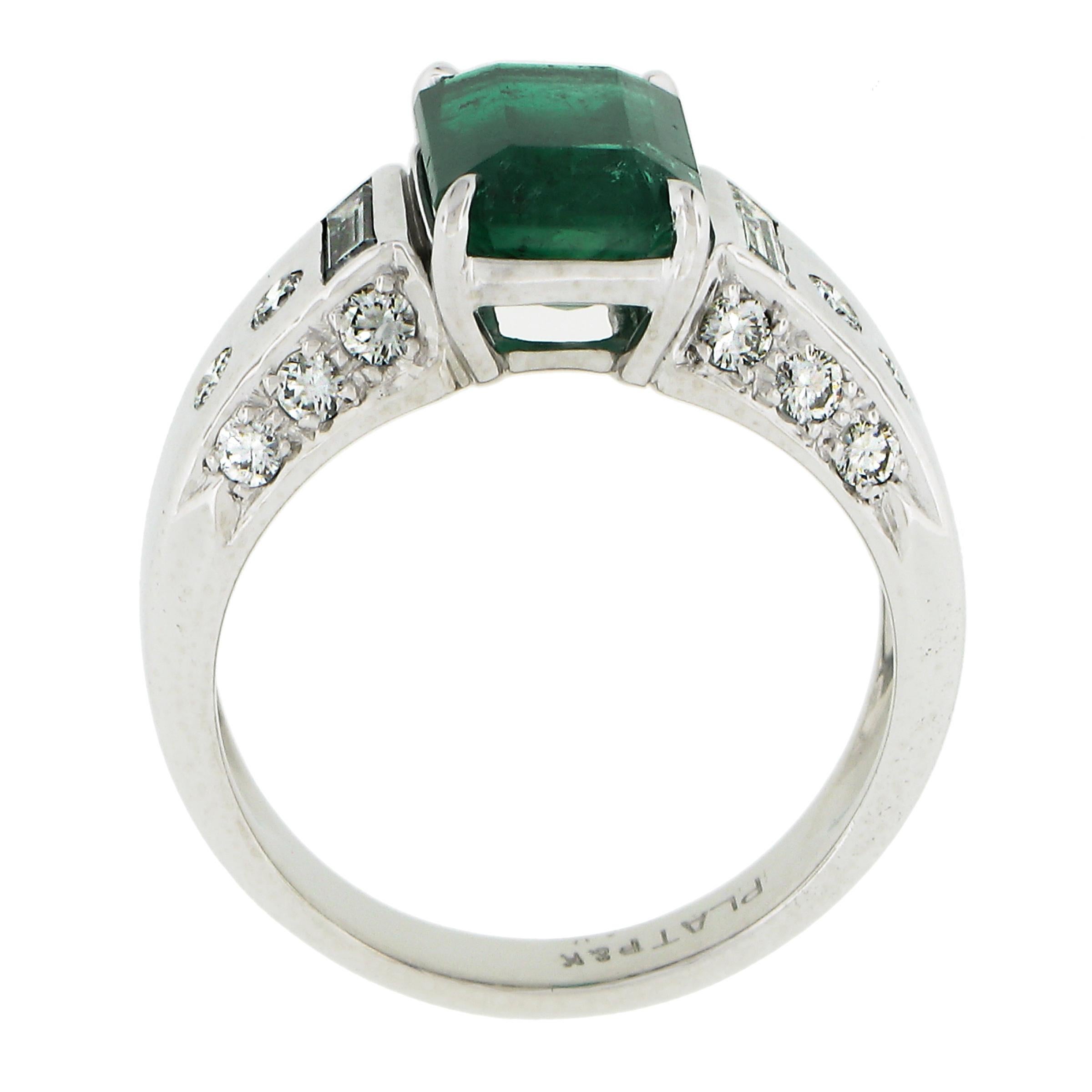 Platinum 3.67ctw GIA Octagonal Green Emerald w/ Baguette & Round Diamond Ring For Sale 2