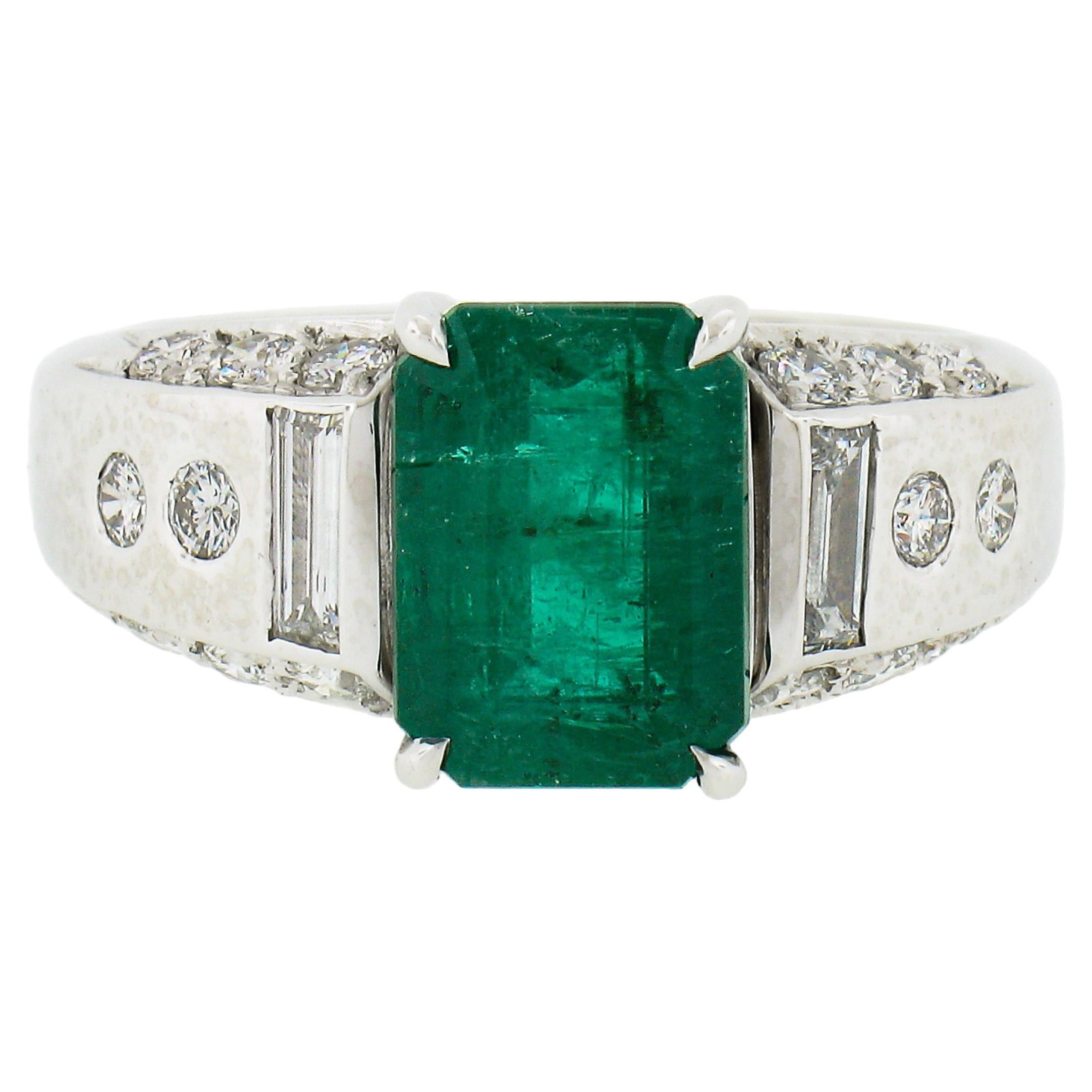 Platinum 3.67ctw GIA Octagonal Green Emerald w/ Baguette & Round Diamond Ring For Sale