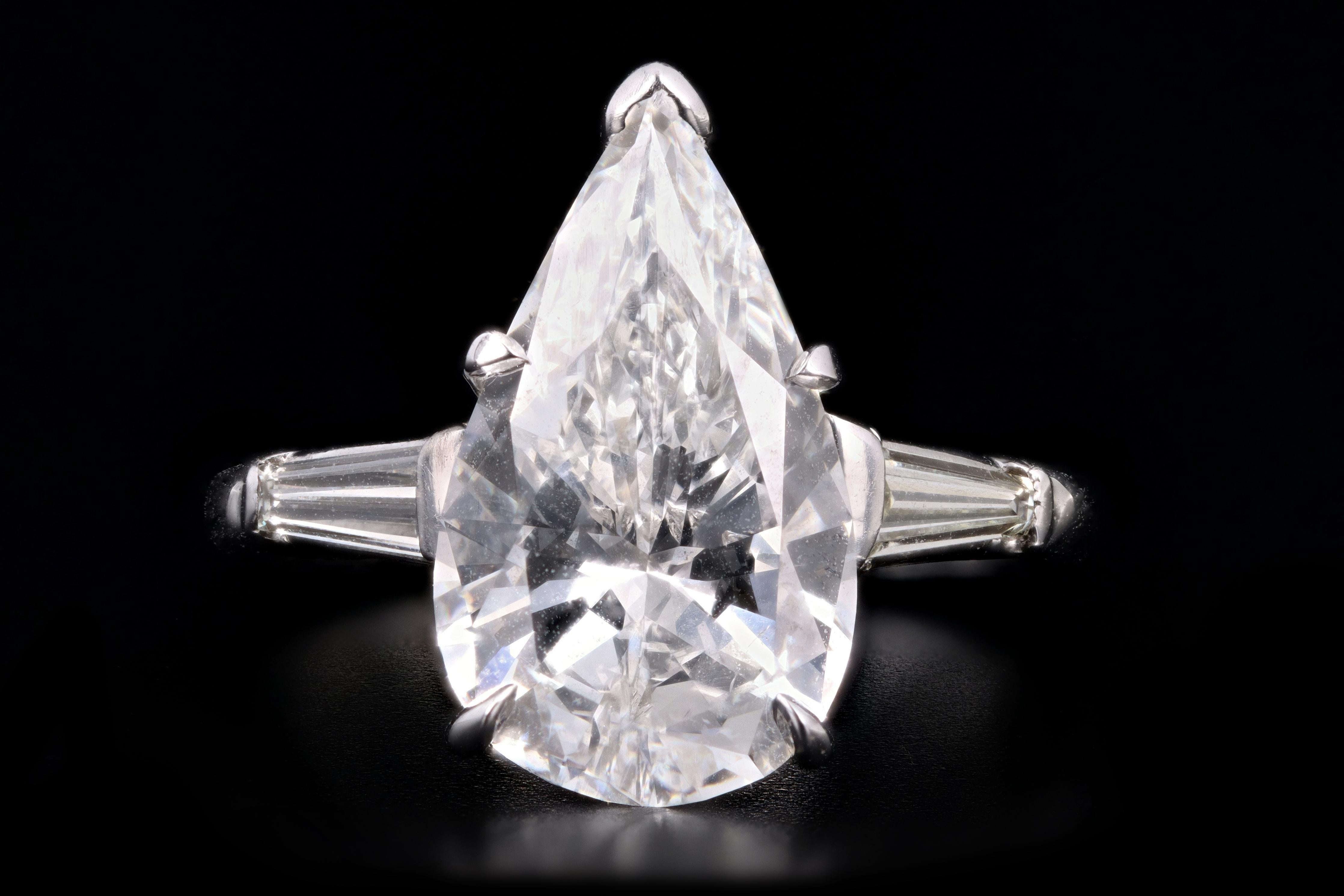 Platinum 3.68 Carat Pear Cut Diamond Engagement Ring 4