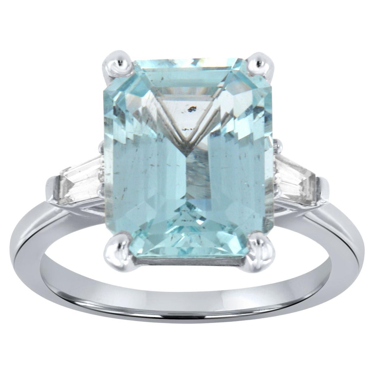 Platinum 3.73, Carat Aquamarine Emerald Shape Three-Stone Baguette Diamond Ring For Sale